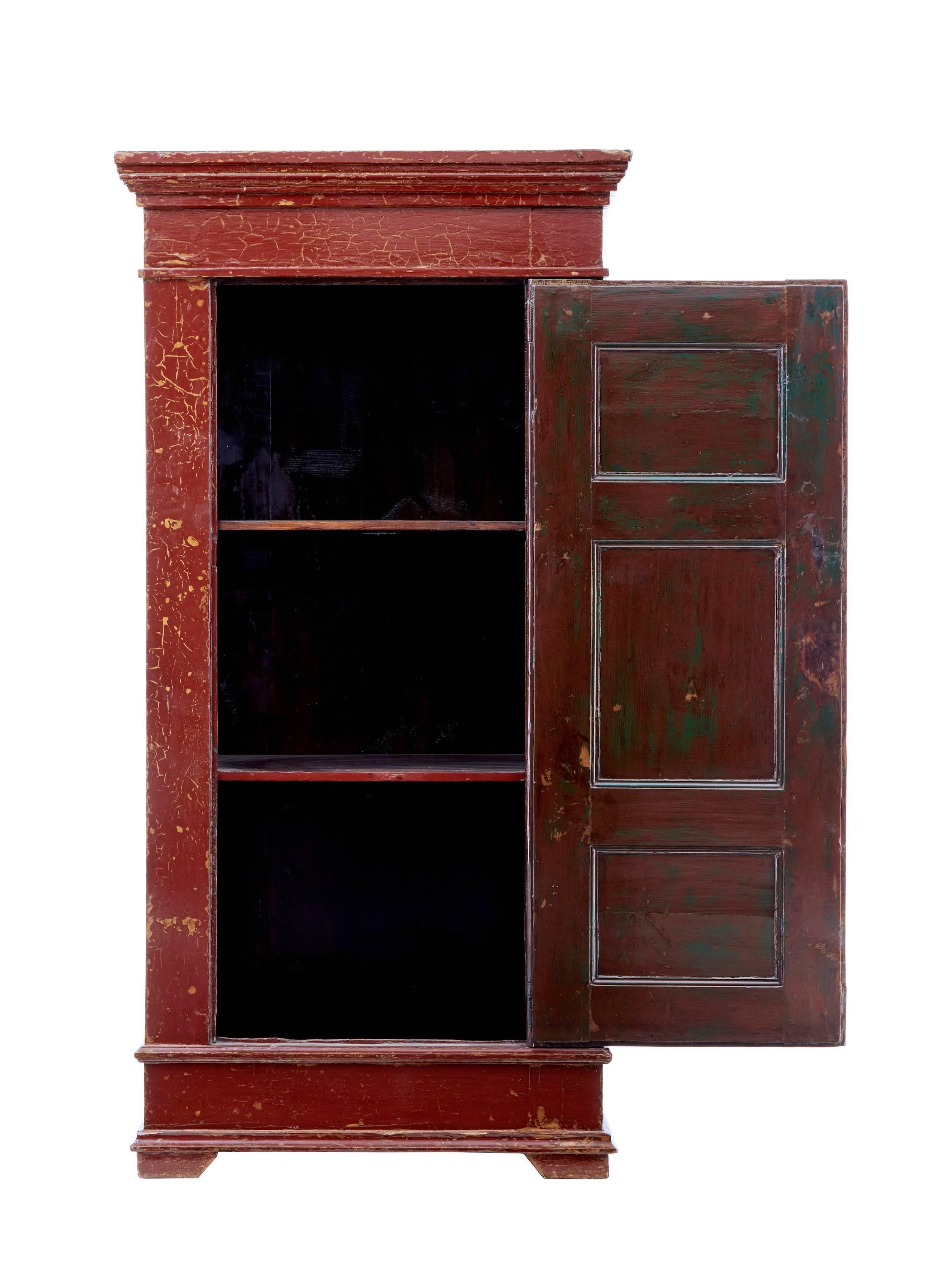 Large Chinese single door cupboard, circa 1890.
Lacquer finished with a superb craquelure.
Single door with panels opens to reveal two shelves inside. Ideal for a linen cupboard.
Minor losses and age splits.


Measures: Height: 72 1/4
