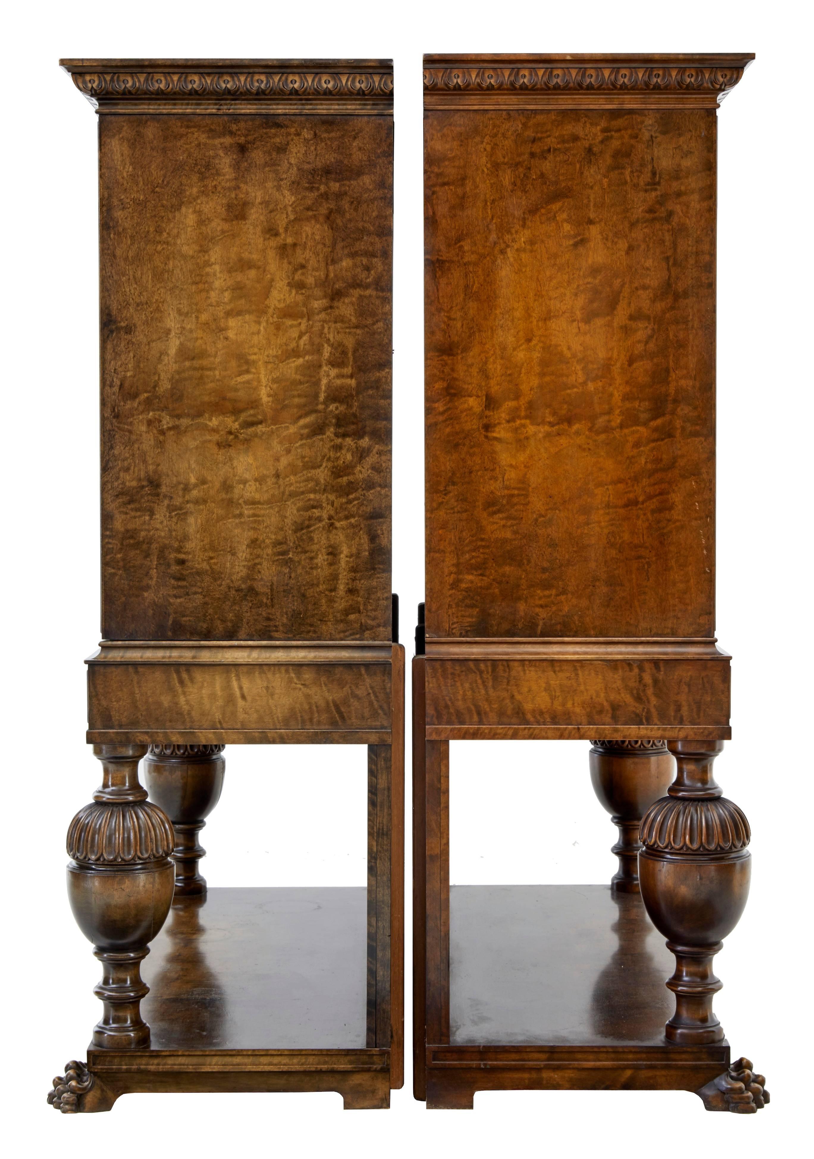 Fine Pair of Late Art Deco Swedish Carved Birch Cabinet on Stands 1