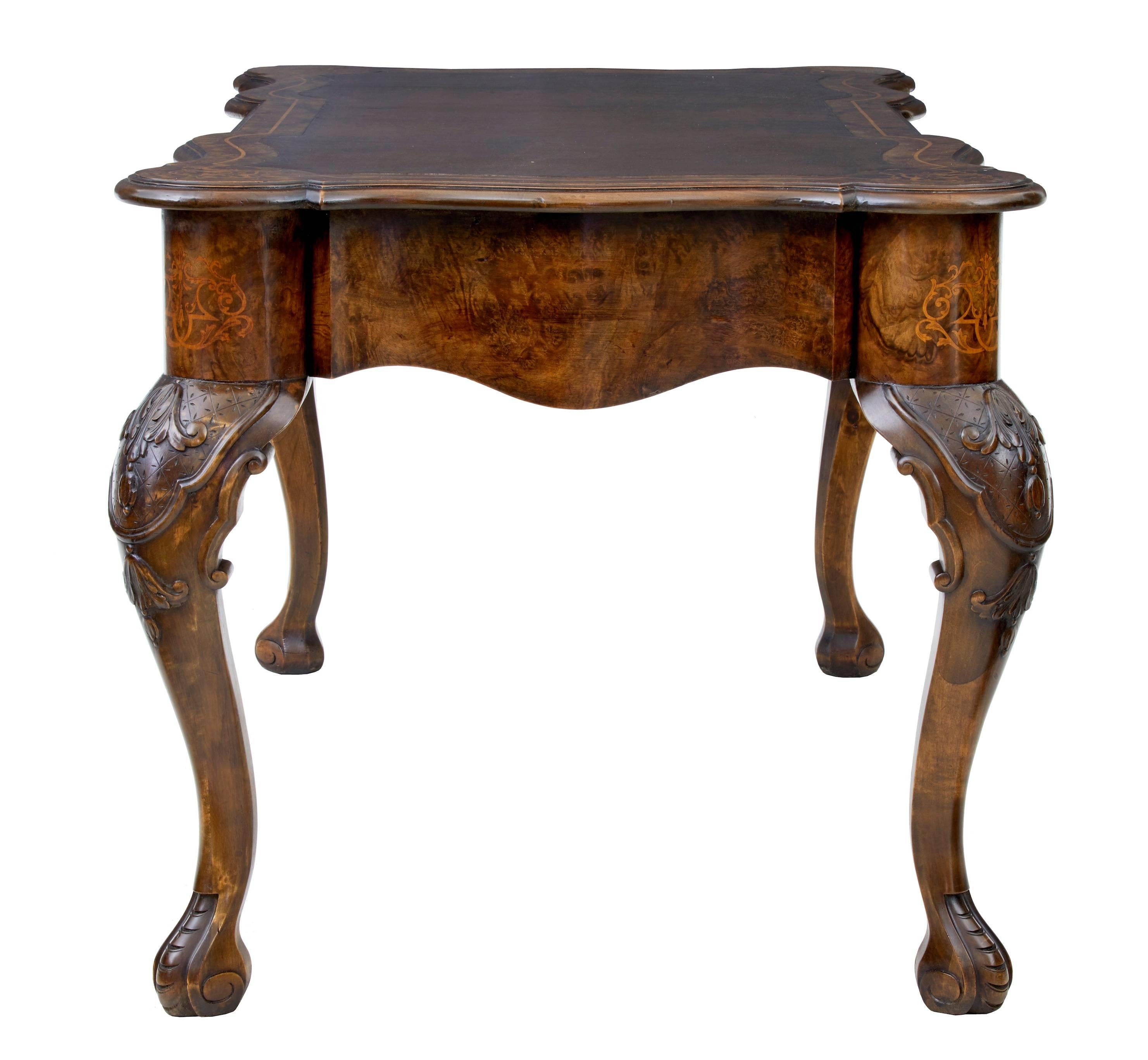Queen Anne Early 20th Century Danish Inlaid Walnut Writing Table Desk