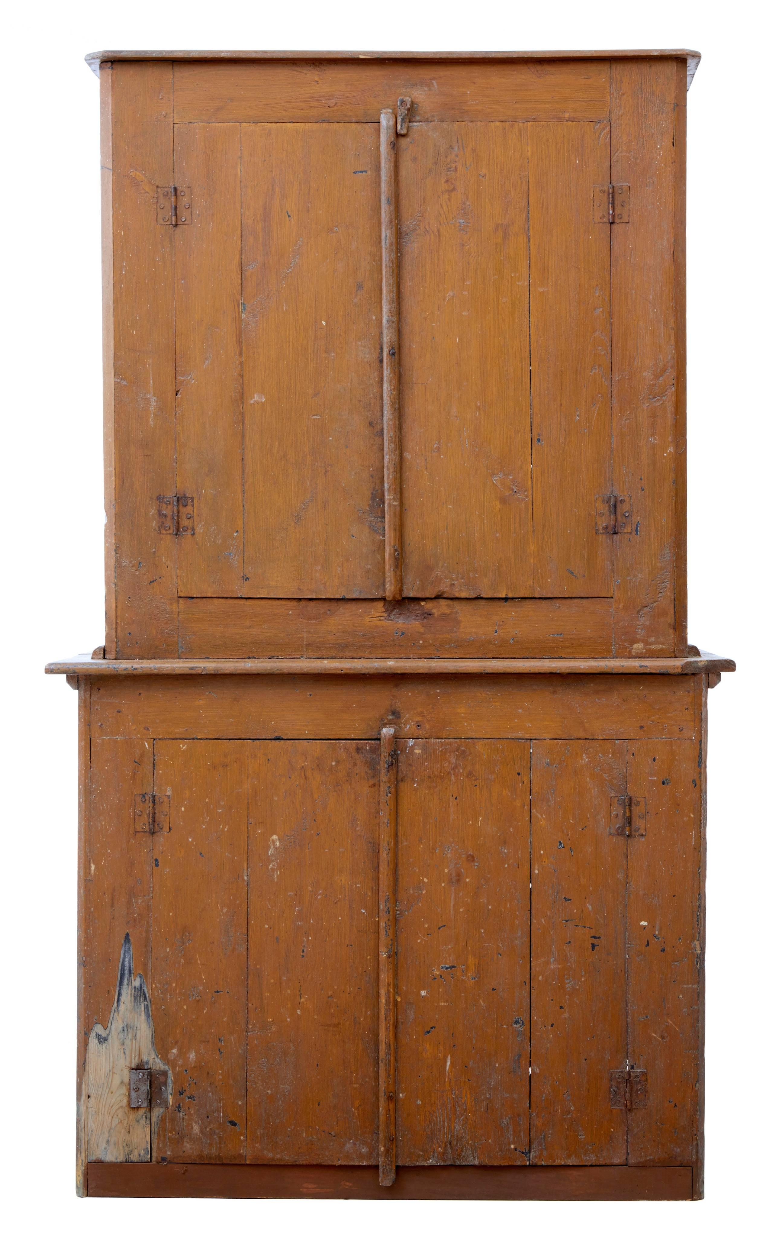 Traditional Swedish kitchen cupboard, circa 1860.
Here we offer a rural piece of furniture.
Naive in construction this two part cupboard is full of charm.
Top section with two shelves and bottom section with a single shelf.
Painted many years