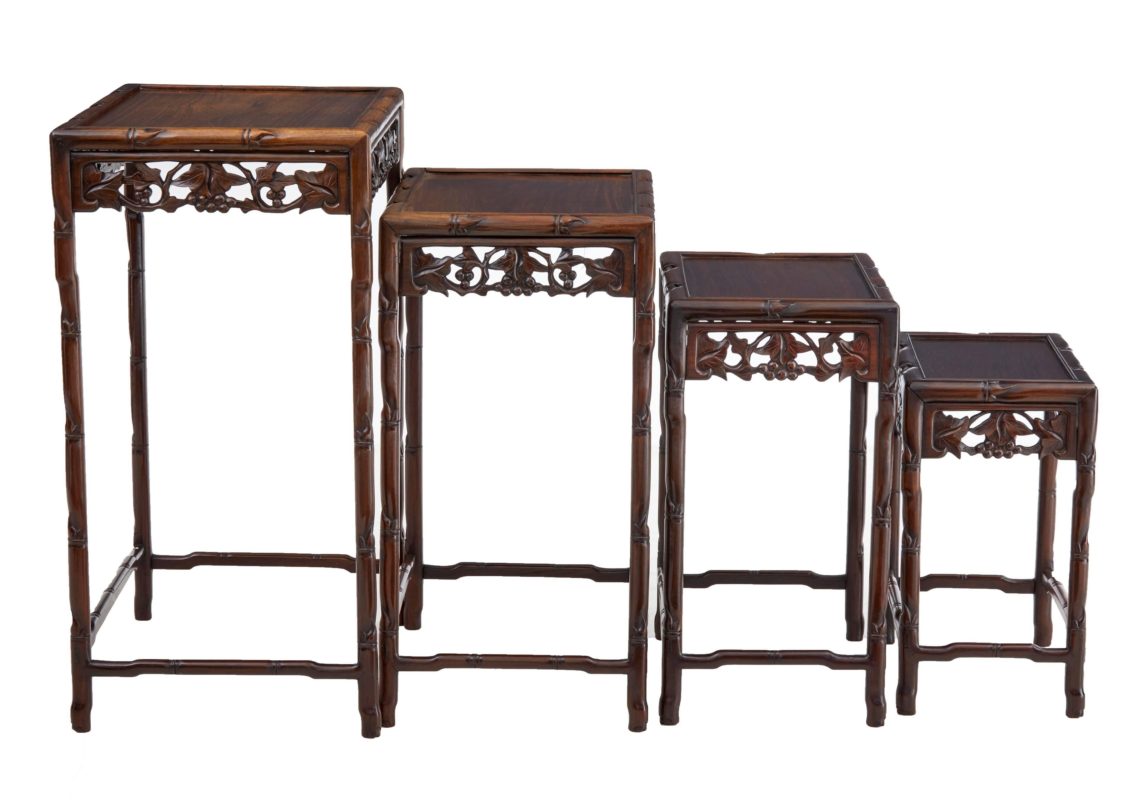 Good quality set of four nesting tables, circa 1900.
Rare to have such a good quality set of four.
Beautifully carved top edge, with applied pierced vine and grape carving between the legs.
Good color and quality timbers used.
Expected natural