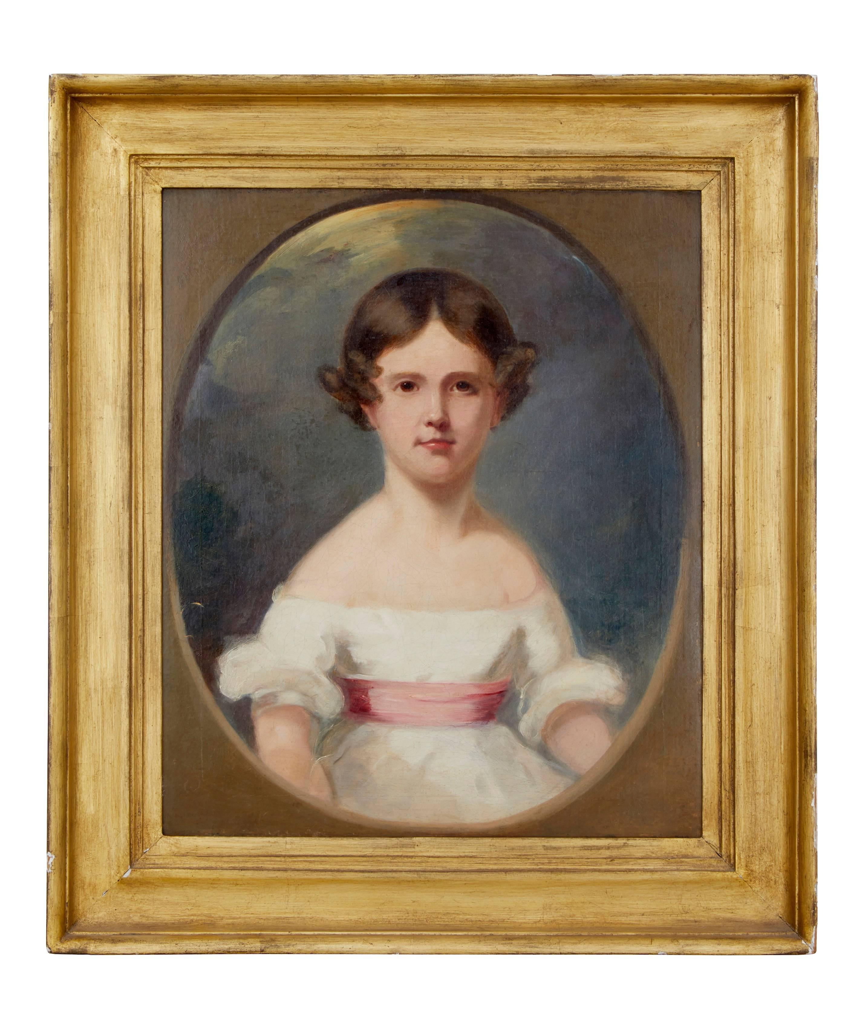 Pair of 19th century, English child portraits, circa 1820.
Girl with white robe and pink sash, her hair curled. The boy with a lace collar and blue jacket.
Original gilt frames with minor losses.

Measures: Overall height: 31 1/2