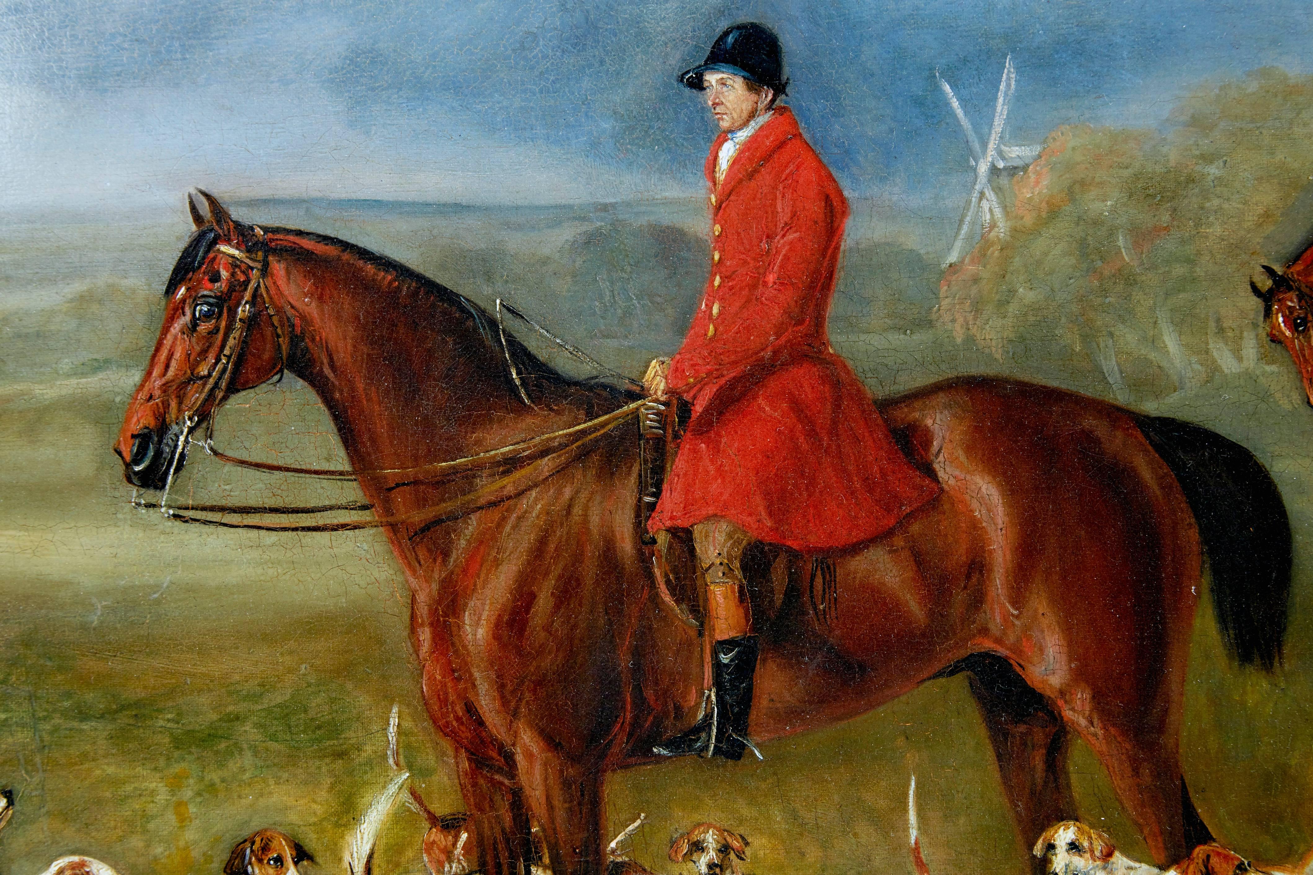 Signed by John Fernely junior (1815-1862)
Huntsman and hounds (probably Melton Mowbray) the master on a bay above some 20 couples of black and tan hounds, the hunt wending its way from the background landscape. Windmill in the