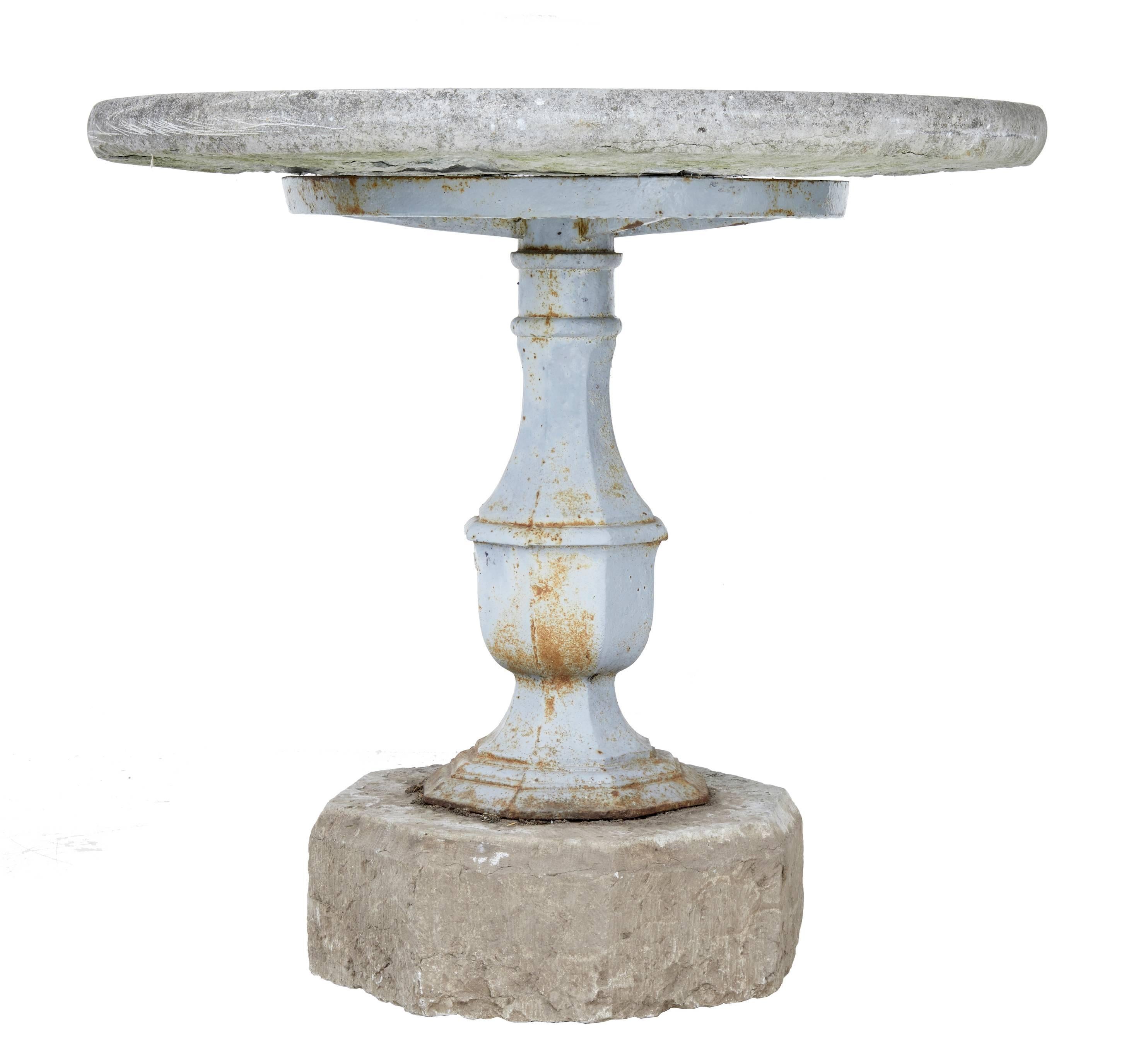 We are pleased to present a rare stone and iron garden table from the park at Taxinge castle outside Södertälje. Made at Stavsjö Bruk between Nyköping and Norrköping.
The manufacture of cannons at the Stavsjo Bruk is well known and that is where