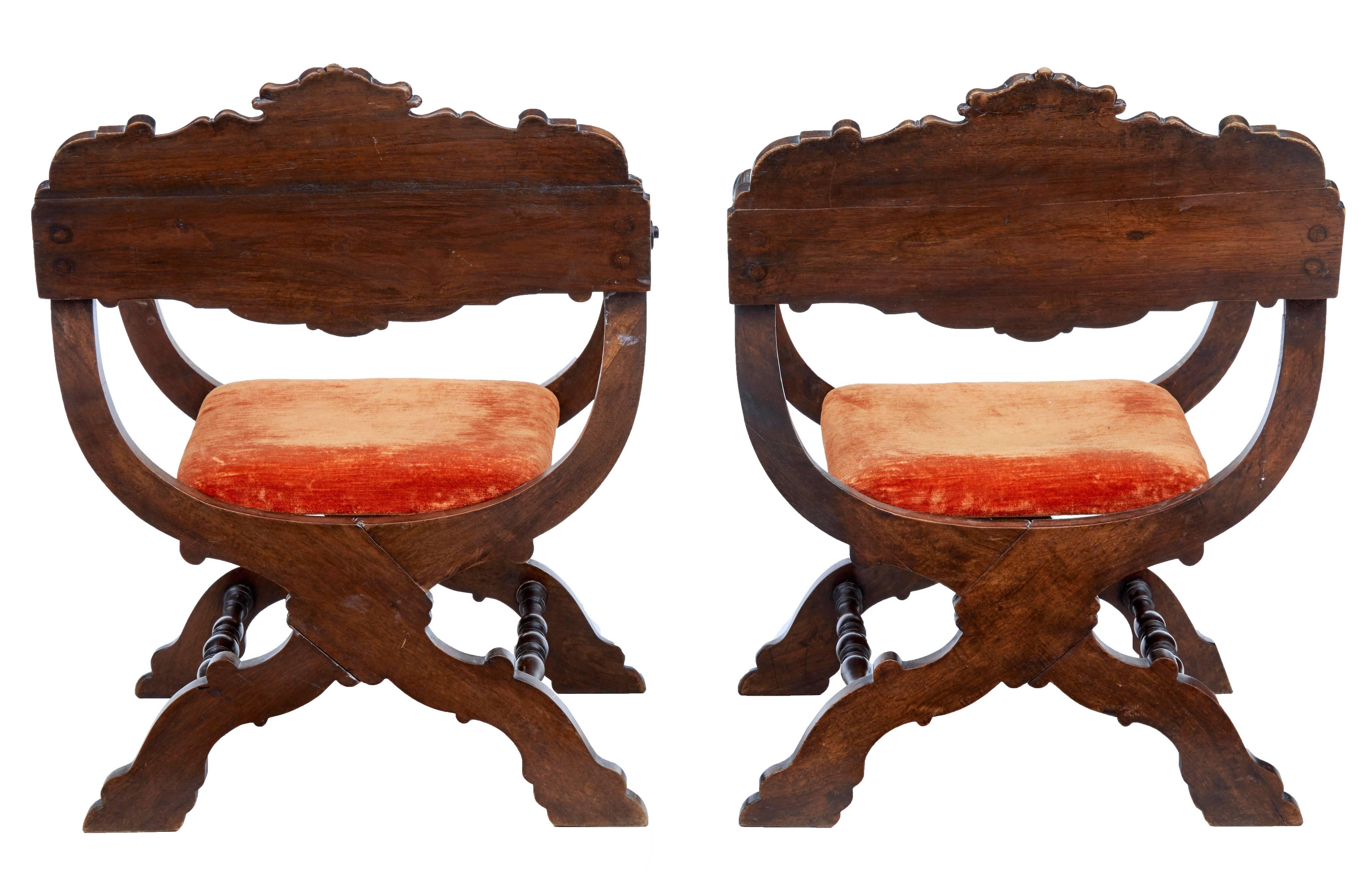 Renaissance Pair of 19th Century Italian Carved Walnut Savonarola Chairs
