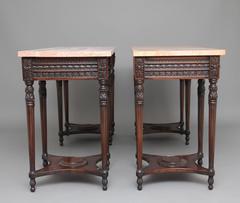 Pair of Early 20th Century Carved Mahogany Marble-Top Console Tables