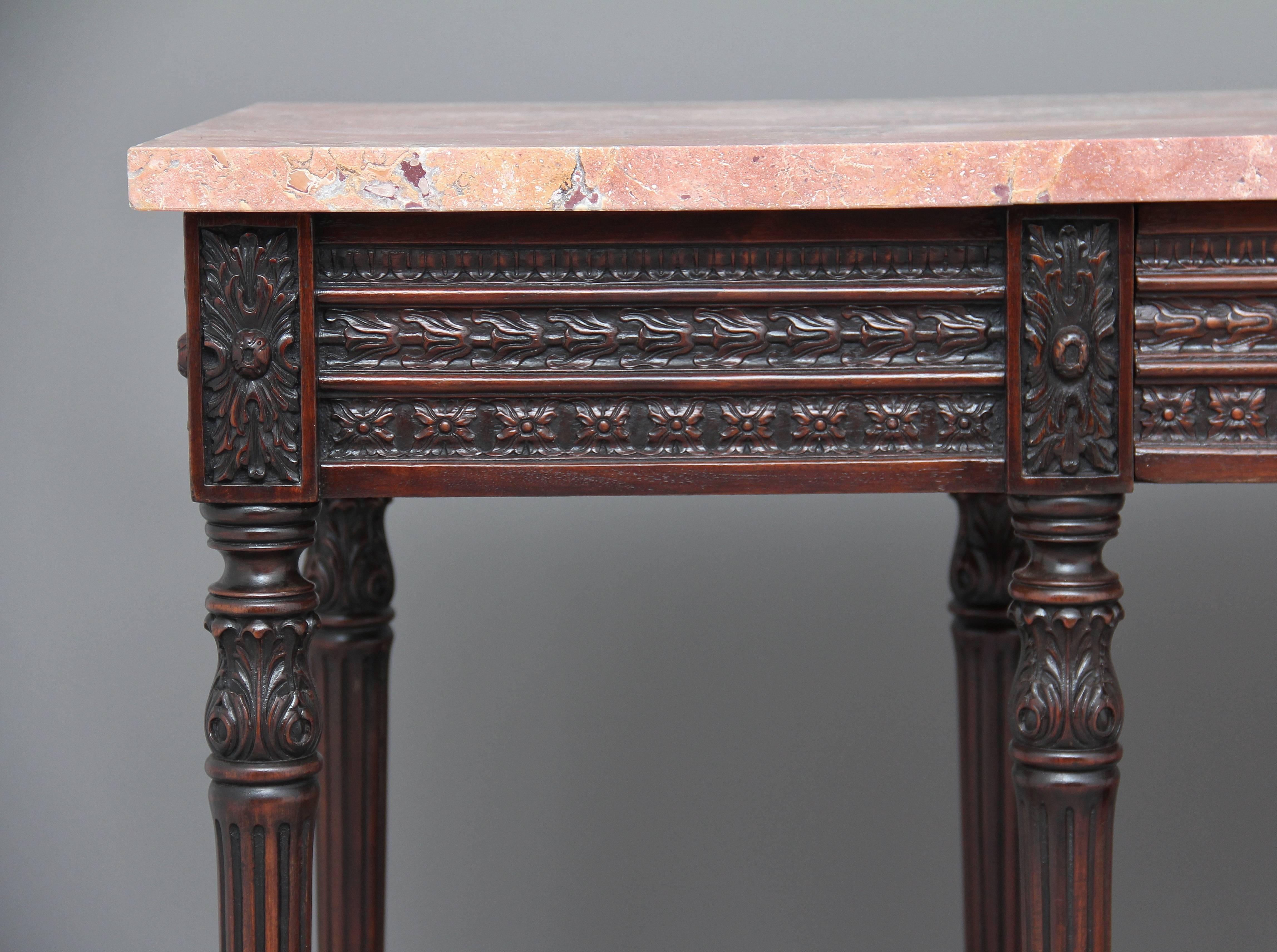 Adam Style Pair of Early 20th Century Carved Mahogany Marble-Top Console Tables