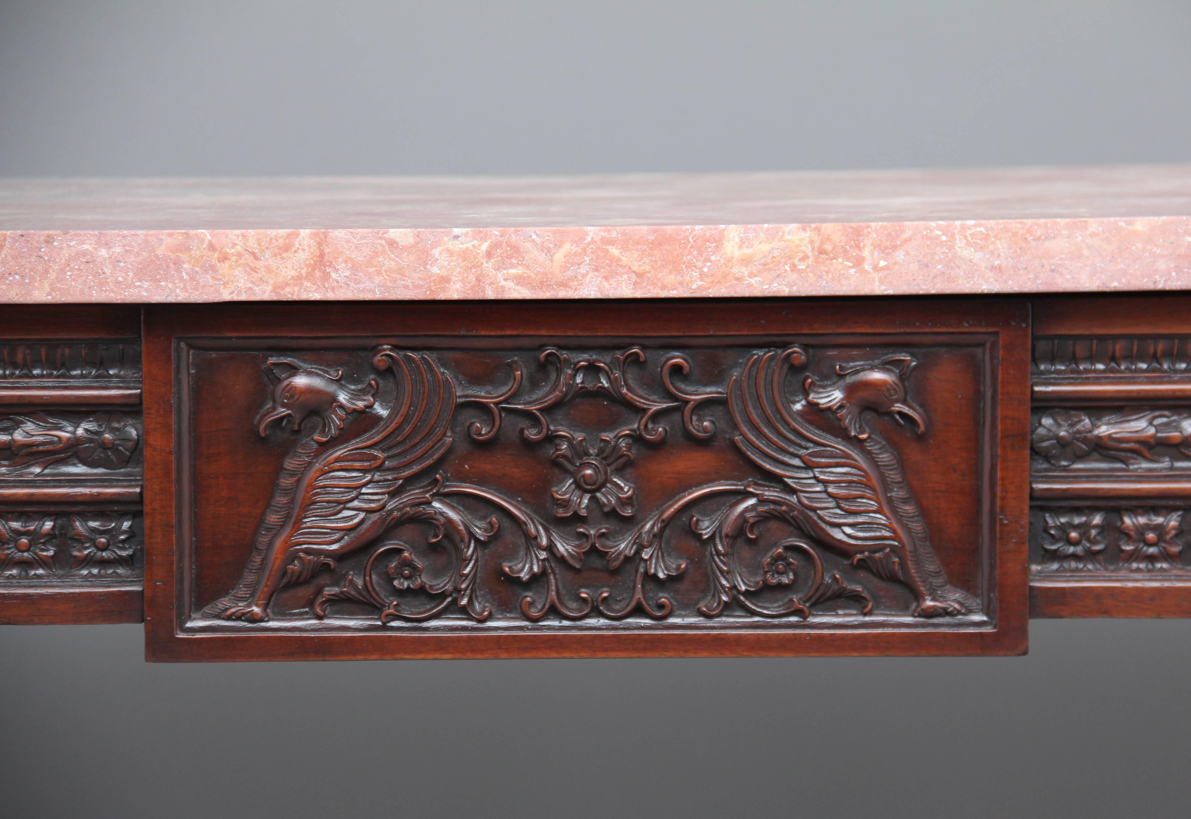 Great Britain (UK) Pair of Early 20th Century Carved Mahogany Marble-Top Console Tables