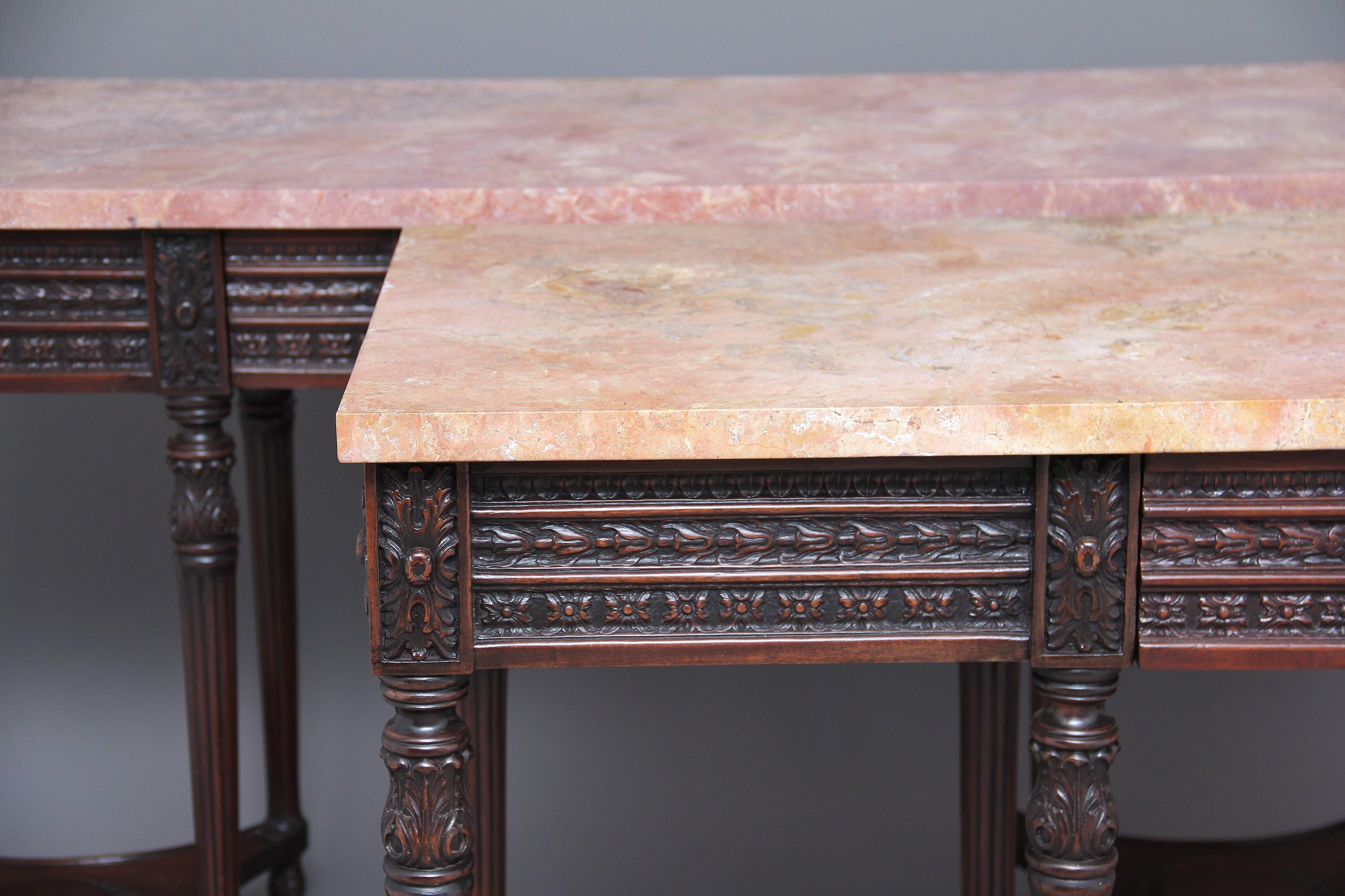 Pair of Early 20th Century Carved Mahogany Marble-Top Console Tables 1