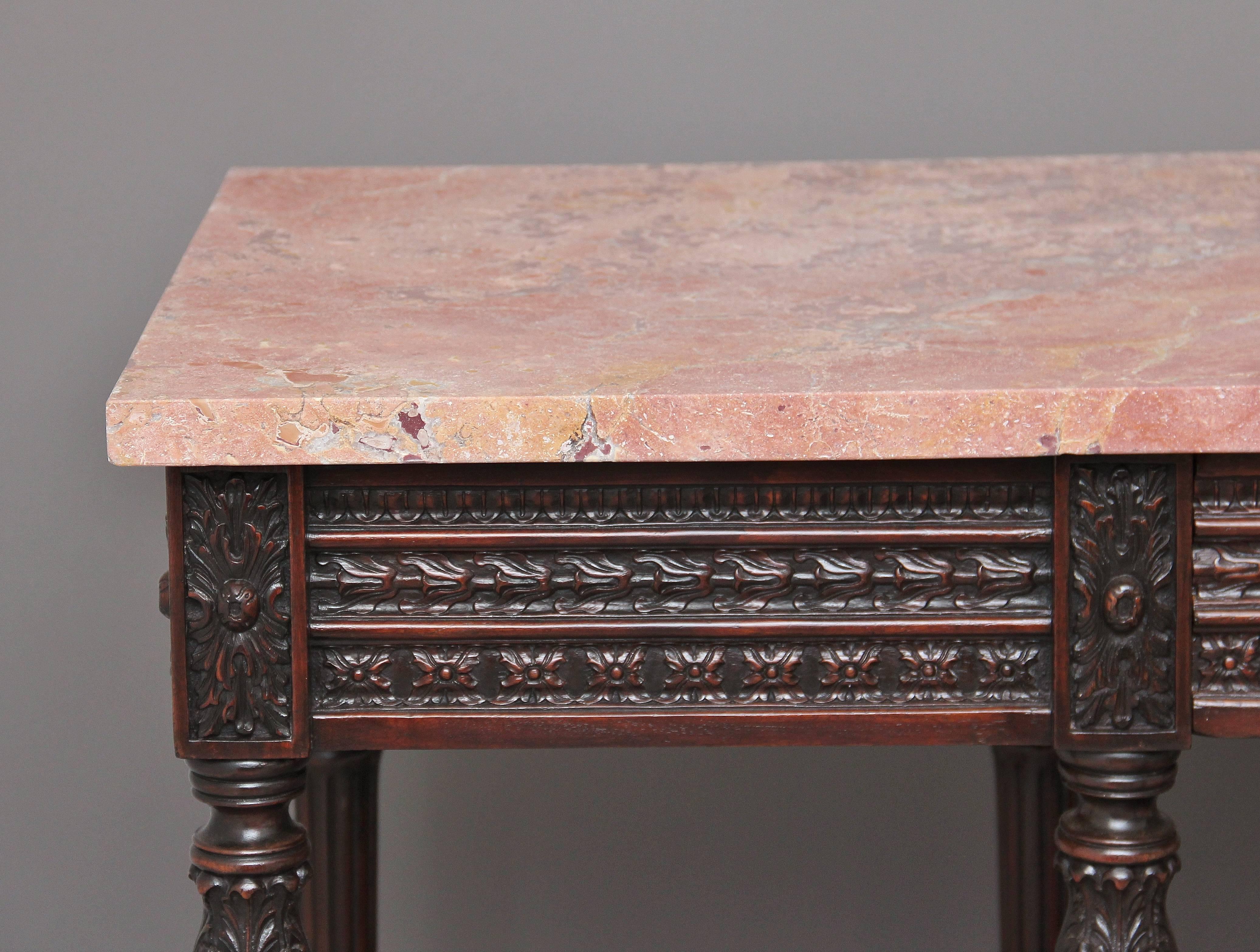 Pair of Early 20th Century Carved Mahogany Marble-Top Console Tables 2
