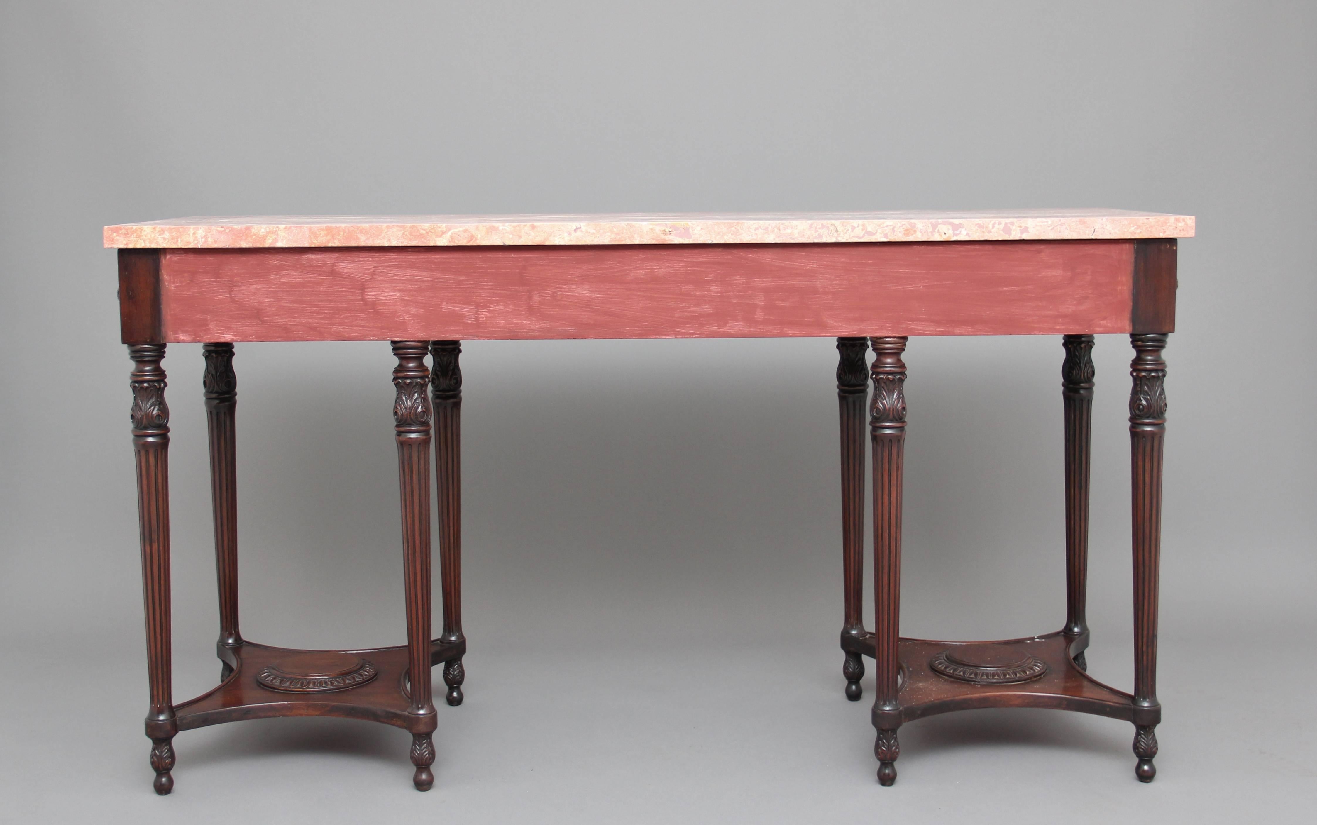 Pair of Early 20th Century Carved Mahogany Marble-Top Console Tables 4