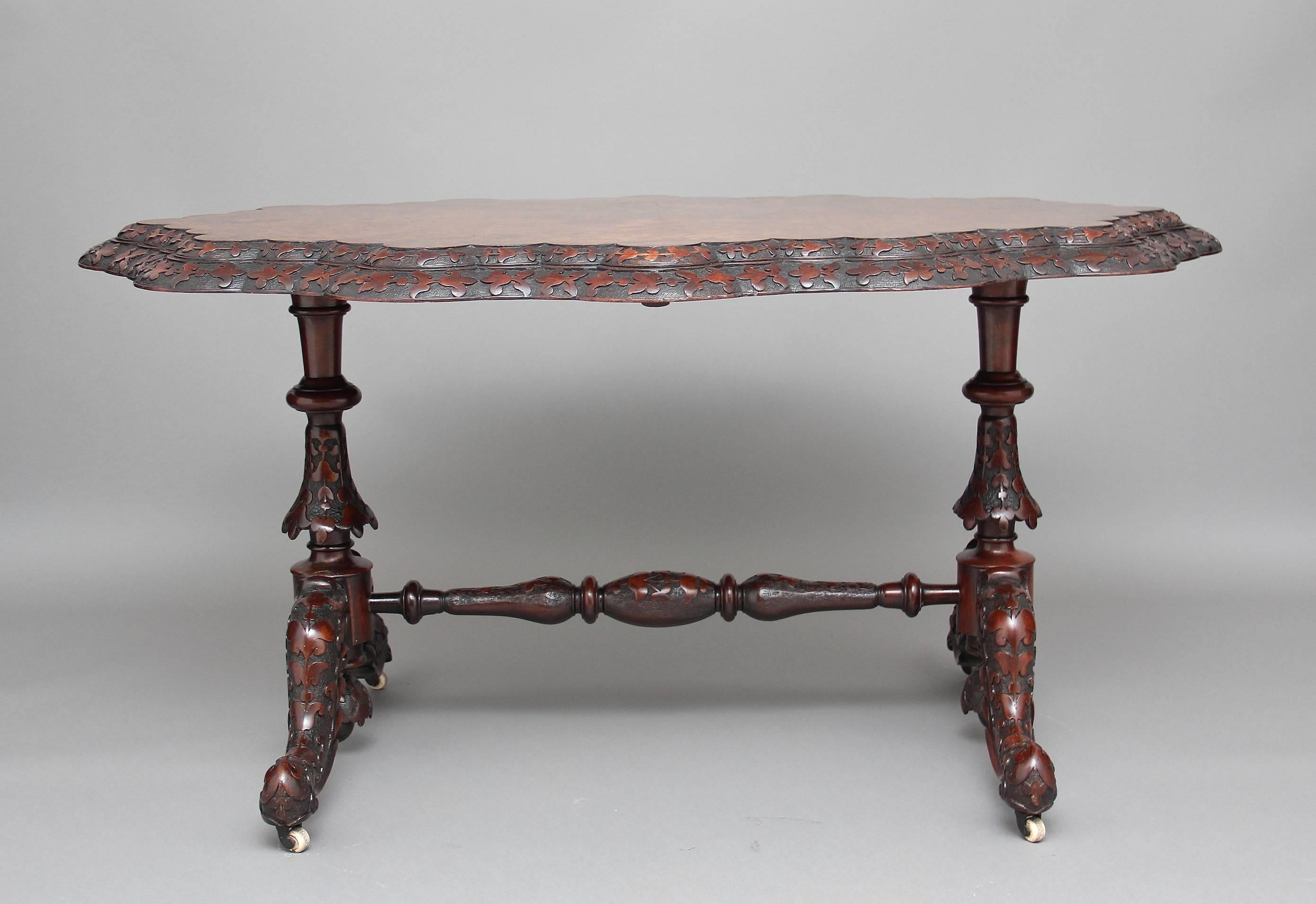 High Victorian 19th Century Irish Carved Burr Walnut Centre Table