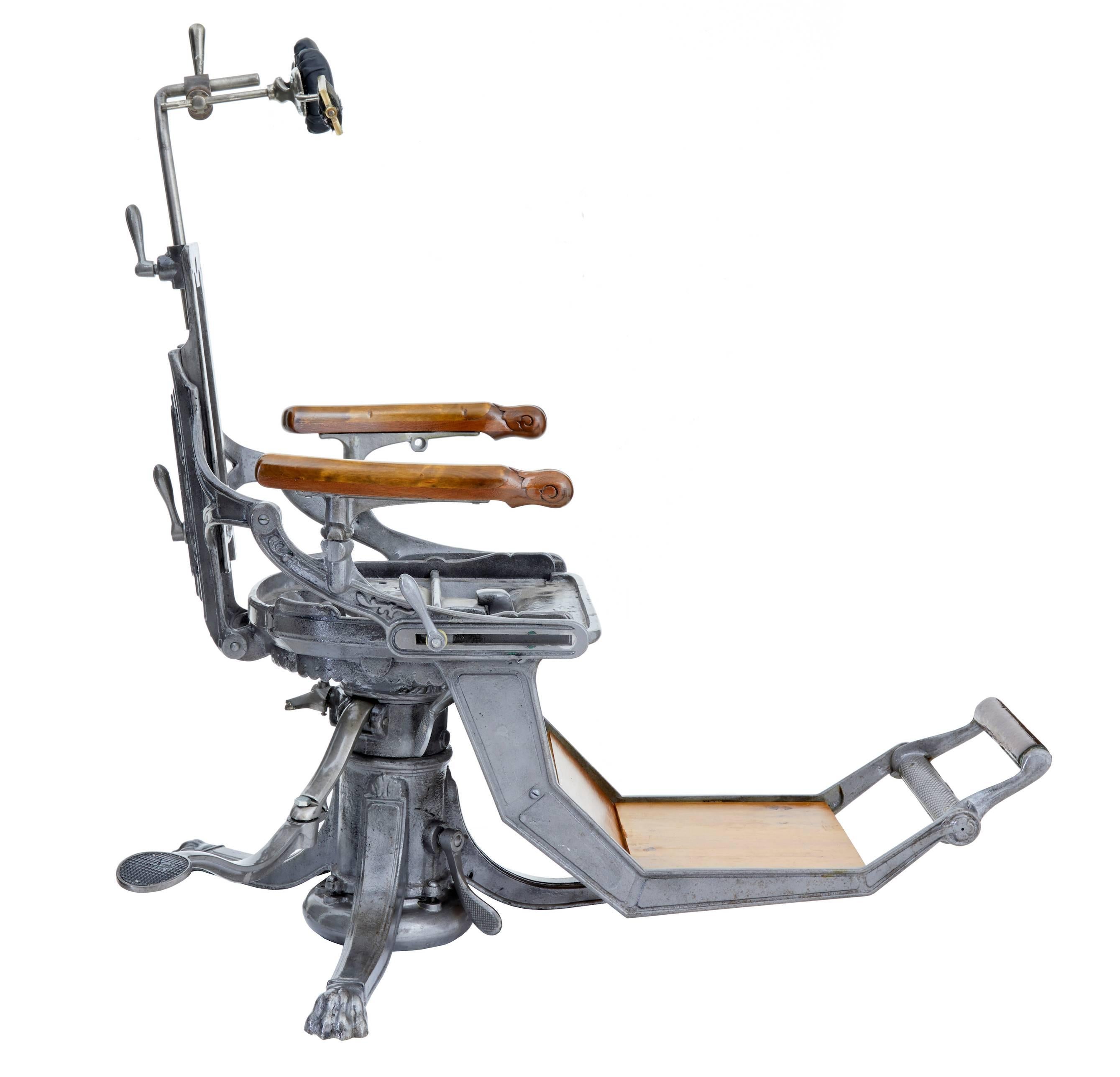 Here we present a rare American cast iron dentist chair, circa 1890.
We have had this restored at great expense, walnut shell blasted and lacquered.
Hydraulic movement with chair being raised by foot pedal.
Very decorative top end version on this