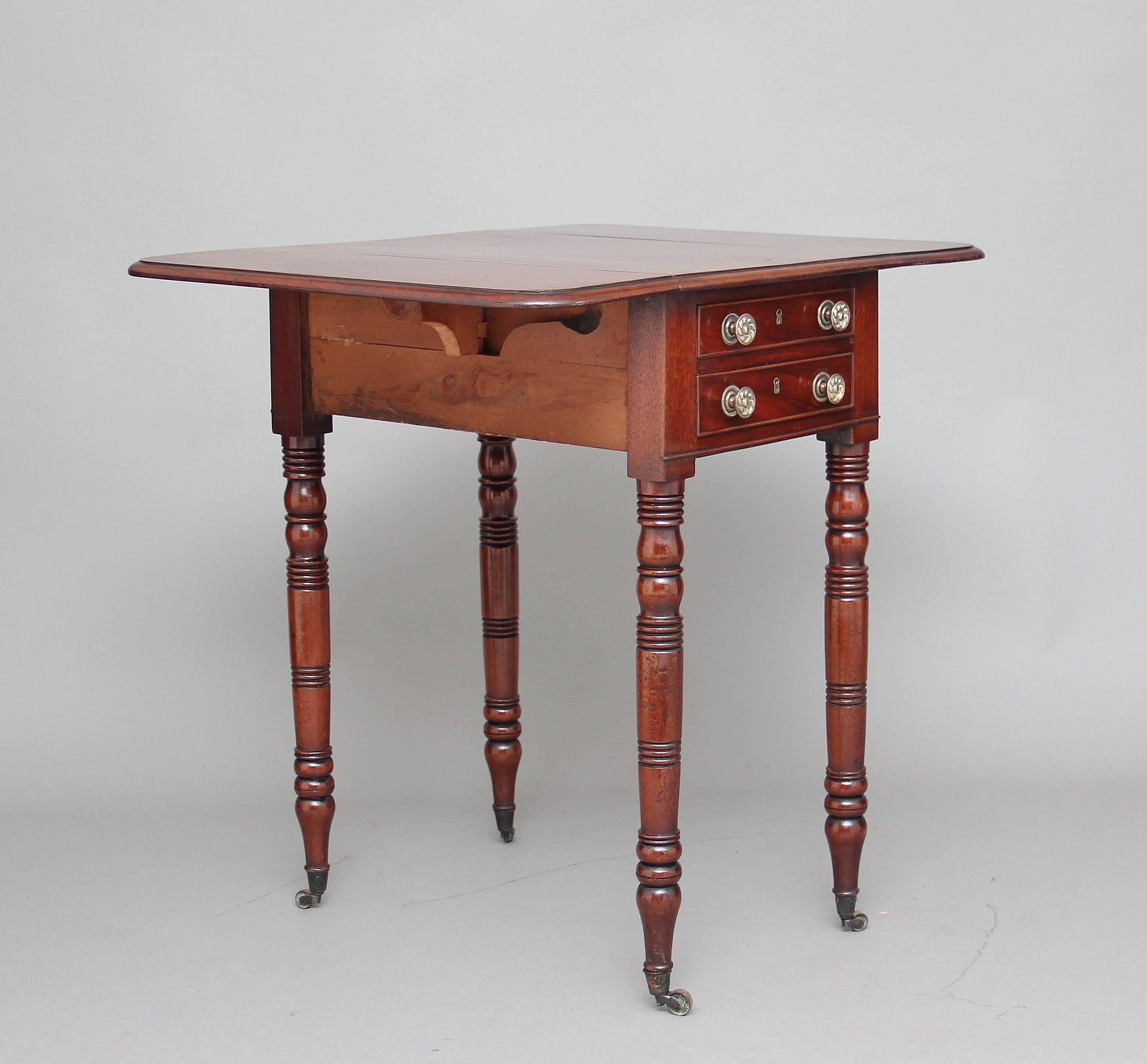 19th century mahogany drop leaf side table, the moulded edge top which extends to 28 1/2” (73cms), with two graduated oak lined drawers below with decorative brass turned knobs, the reverse of the table is exactly the same just with faux drawers,