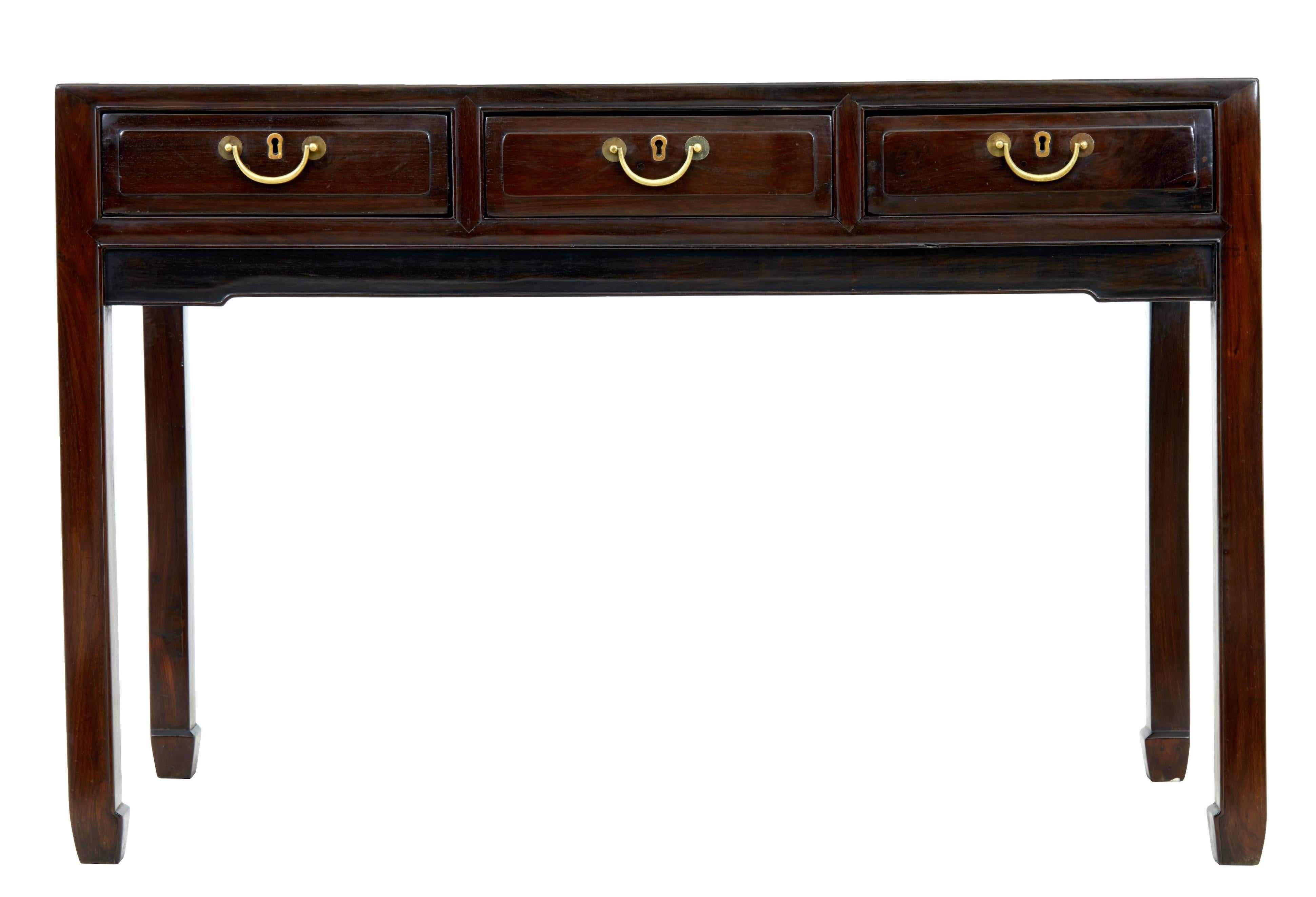 Good quality early 19th century three-drawer desk, circa 1830. Ideal for use as a desk or a side table. Three drawers with original swan neck brass handles. Standing on four straight legs. Measures: Height 32 1/4