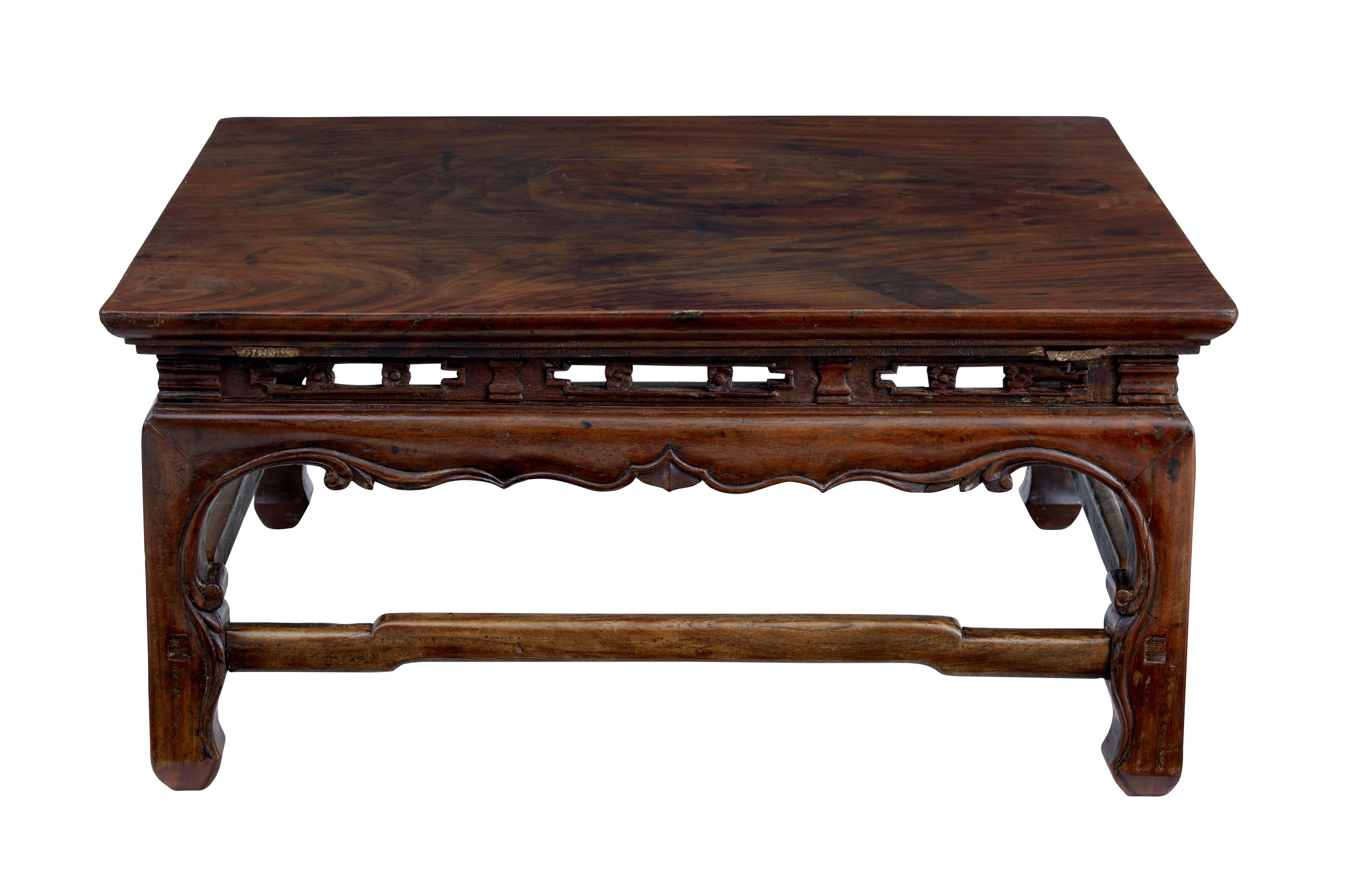 Good quality Qing period table, circa 1760.

Top is made from solid Huanghuali wood. Pierced carving below the top, leading to a scrolling apron above the legs. Legs united by stretchers.

Patch to top (photographed) some expected fading and