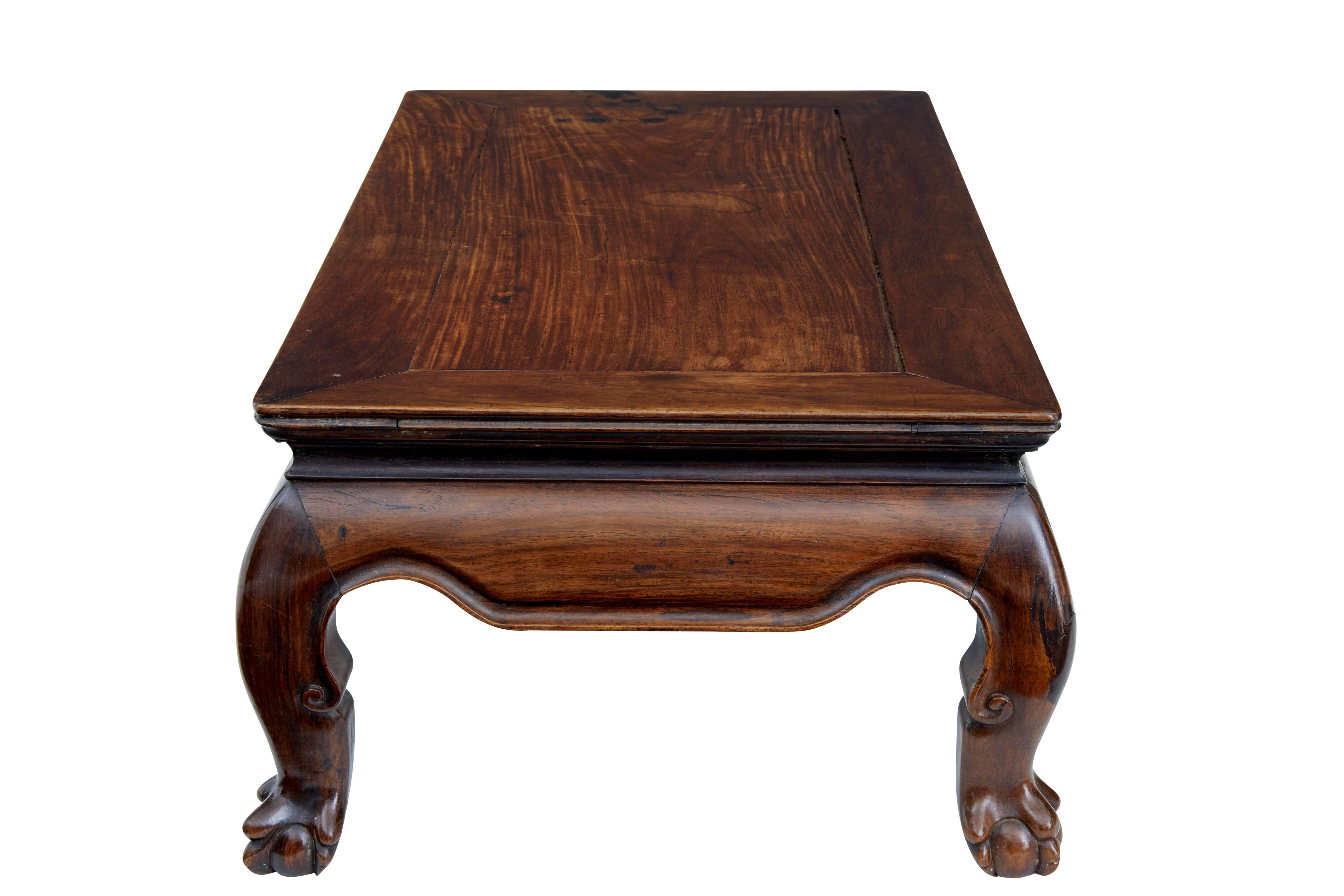 Small occasional kang table, circa 1800.

Made from Huanghuali wood. Standing on 4 ball and claw feet.

Area of old restoration to top of leg, staining and surface marks to top, please see pictures.

Measures: Height 10 1/2