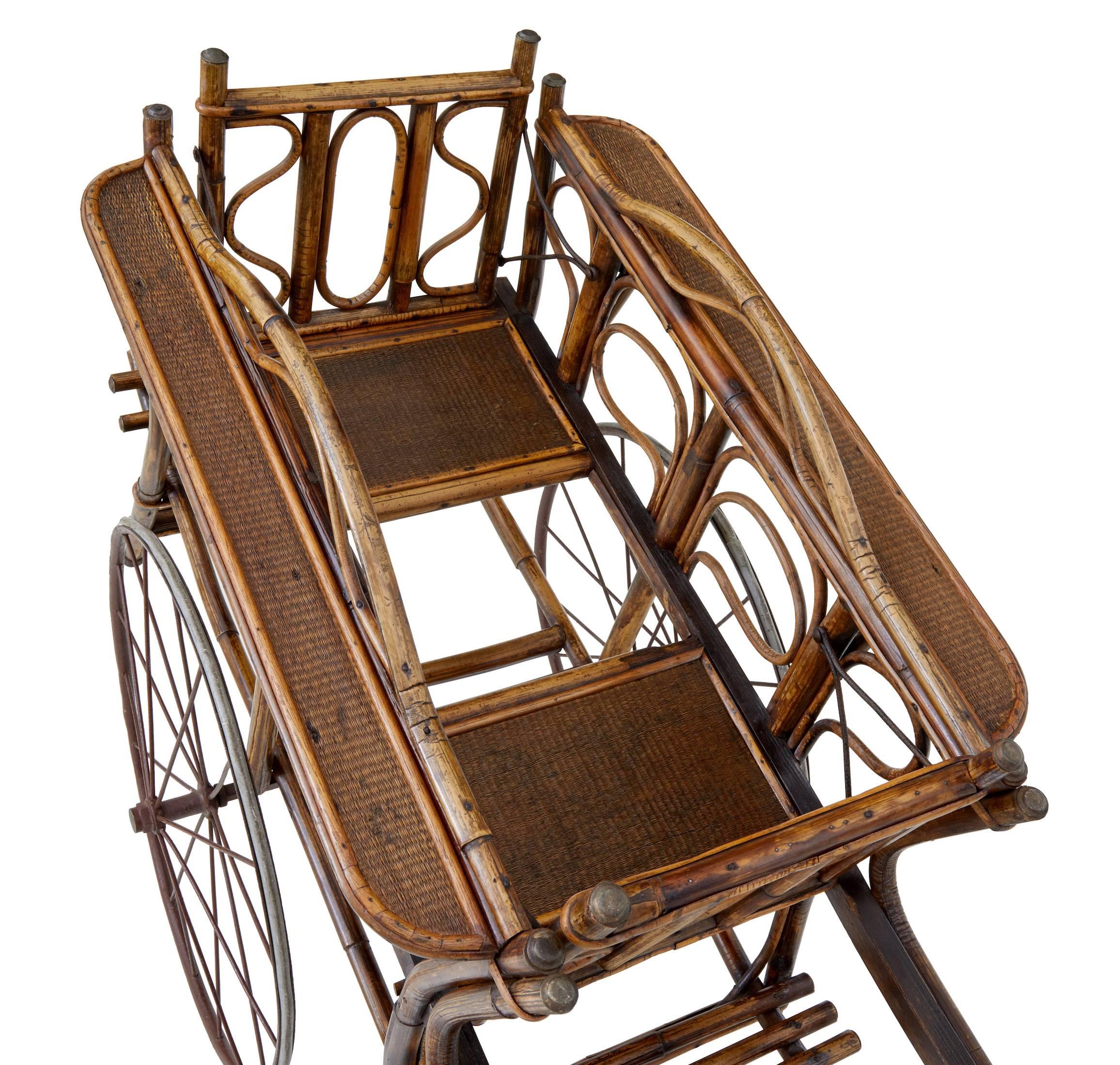 Woodwork Early 20th Century Bamboo Two-Seat Child Carriage