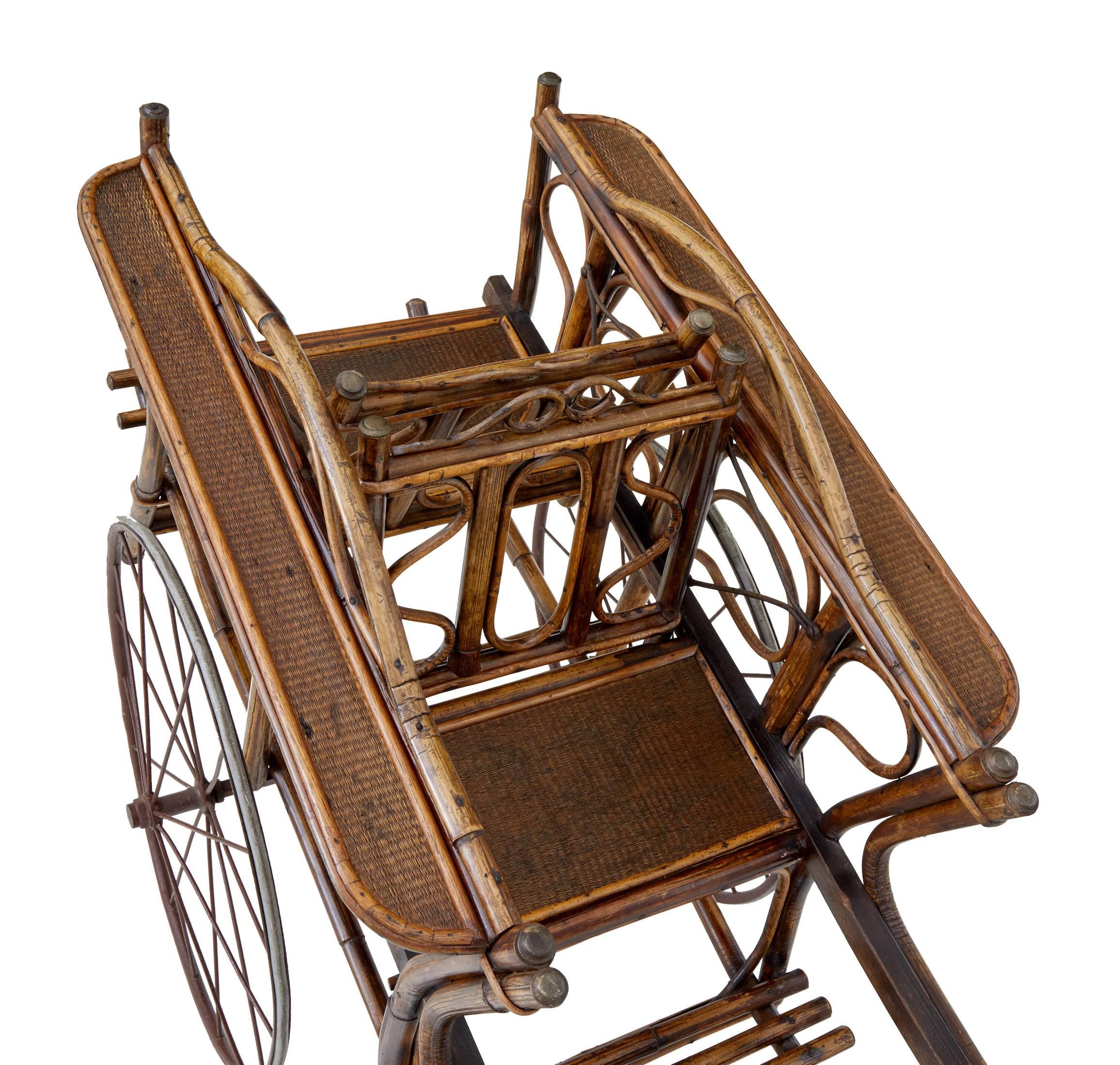 Early 20th Century Bamboo Two-Seat Child Carriage In Good Condition In Debenham, Suffolk