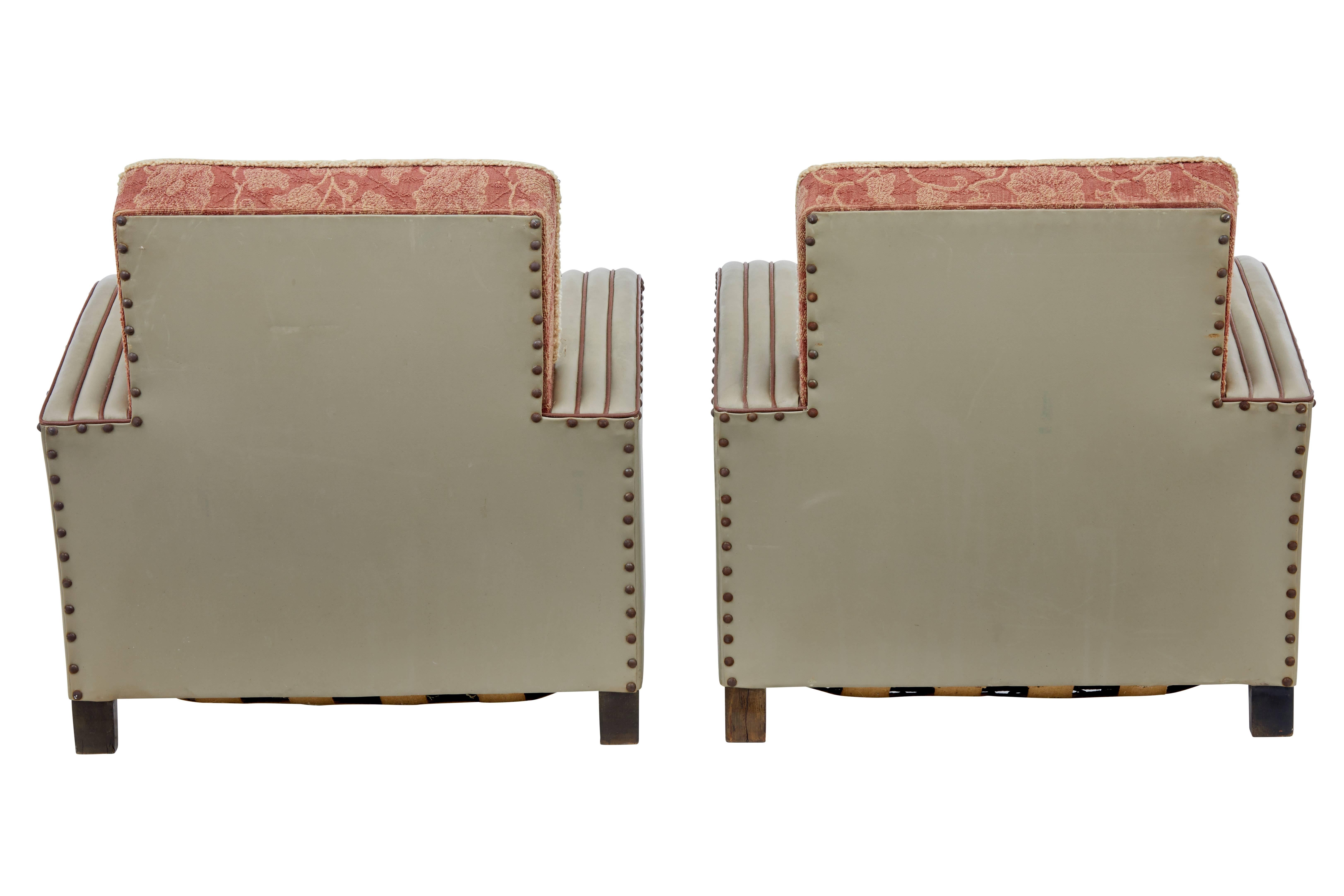 Swedish Pair of 1920s Art Deco Leather Armchairs
