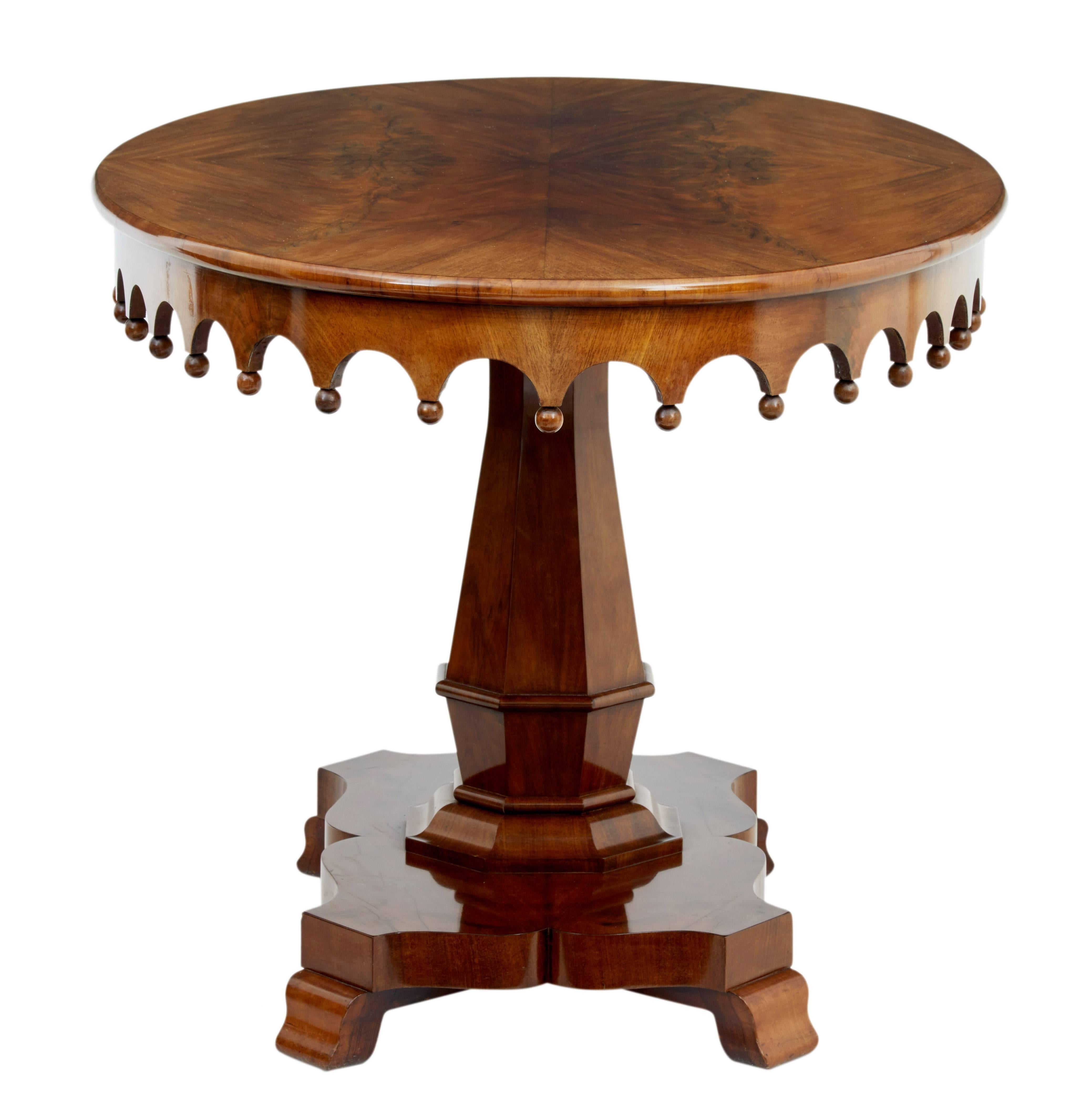 Fine quality danish mahogany center table circa 1870.
Oval top with quartered matching veneers.  Shaped apron with circular drops.
Octagonal fluted stem, standing on quadriform base.
Good color and patina.

Height: 29 1/2