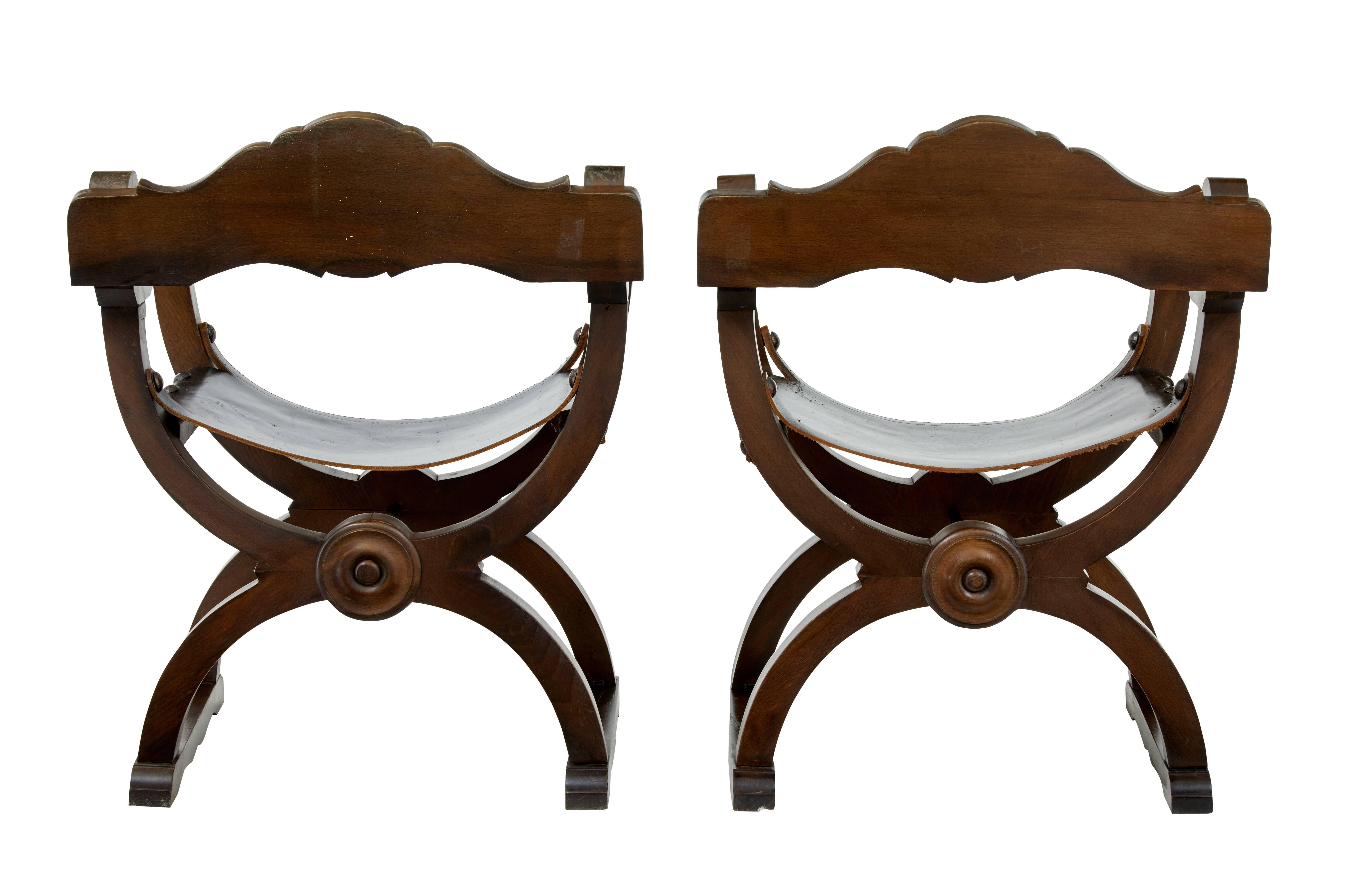 Victorian Pair of Early 20th Century Carved Oak X-Frame Armchairs