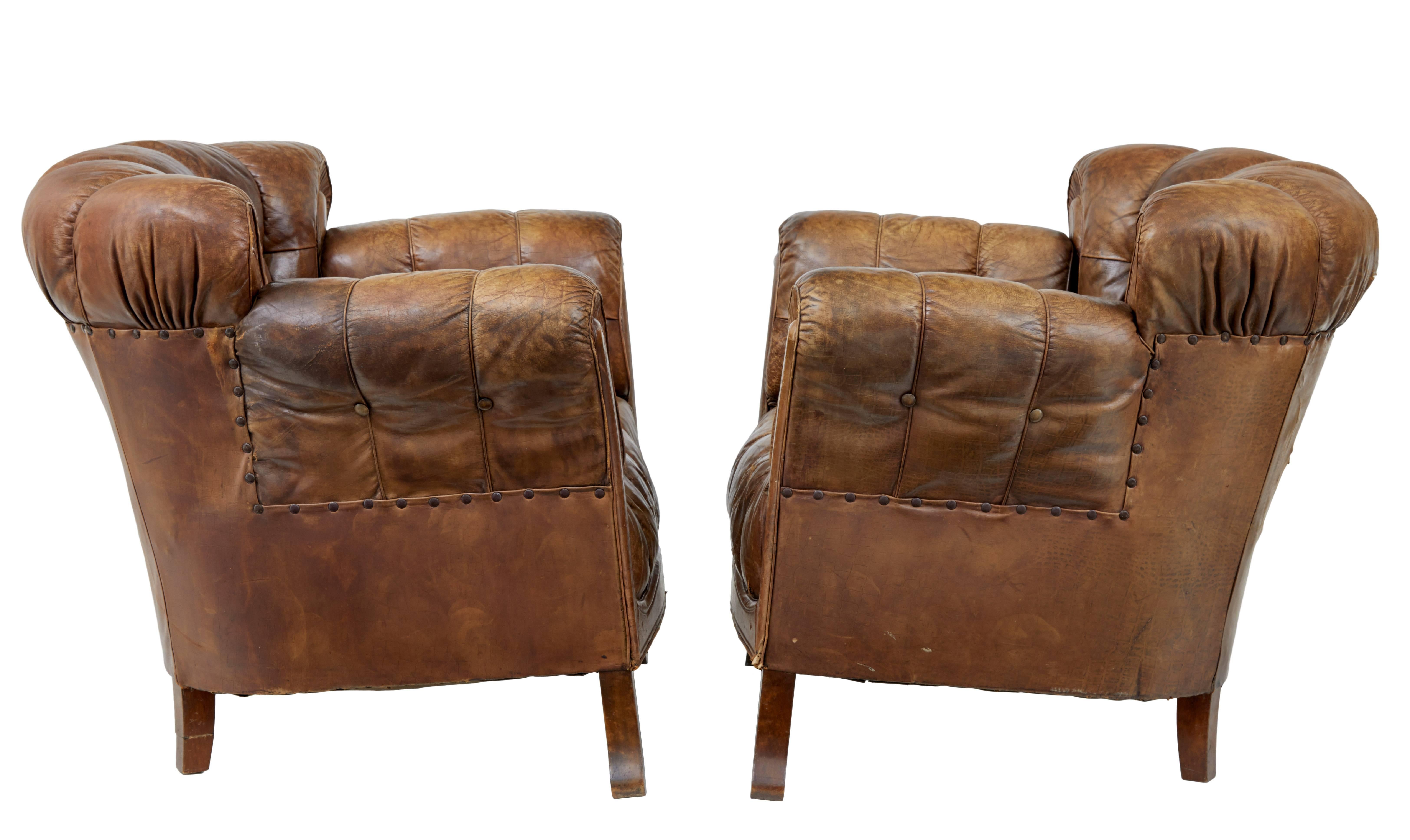 Danish Pair of Early 20th Century Leather Armchairs
