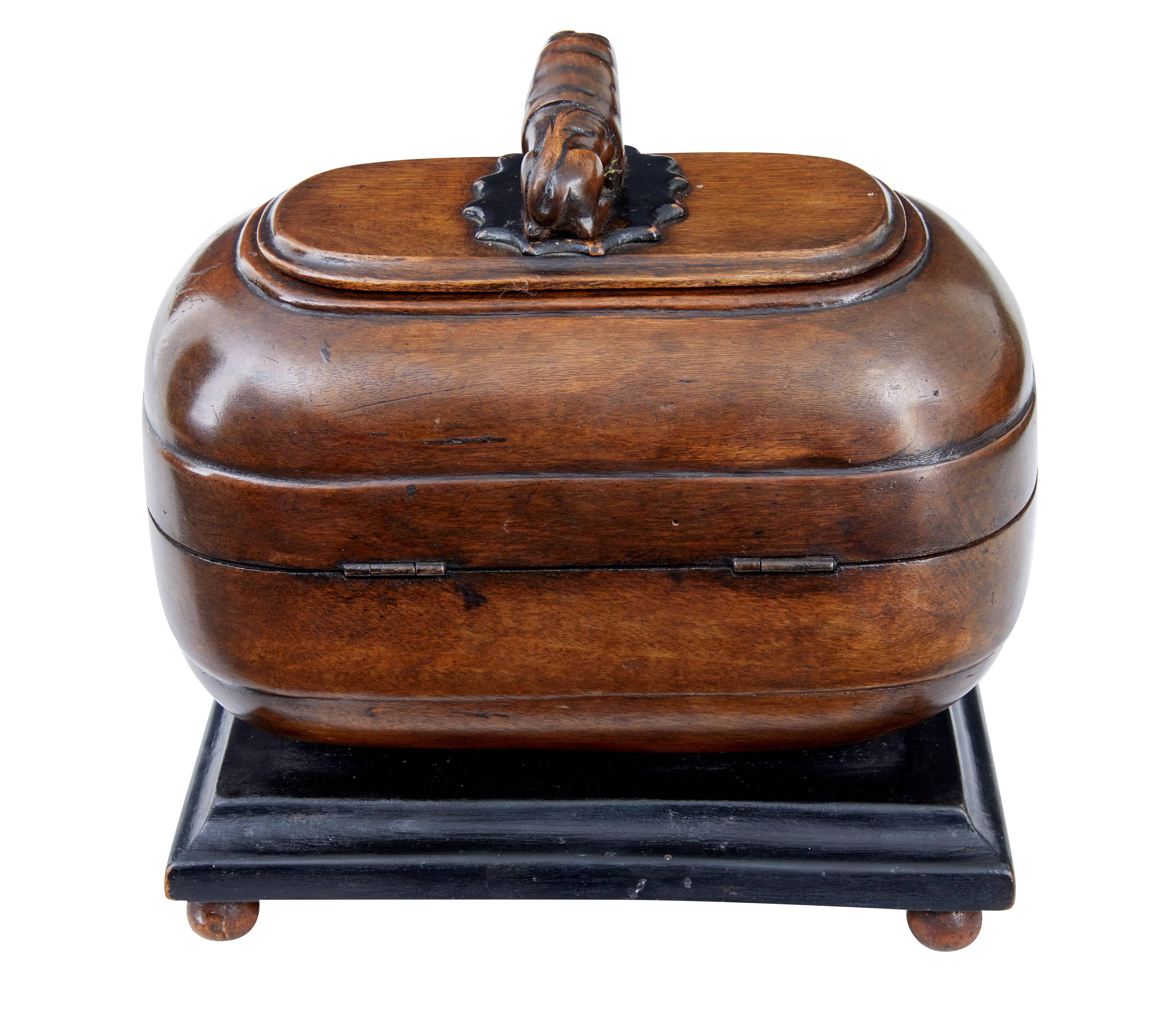 European Unusual Early 19th Century Fruitwood Caddy with Carved Hippo