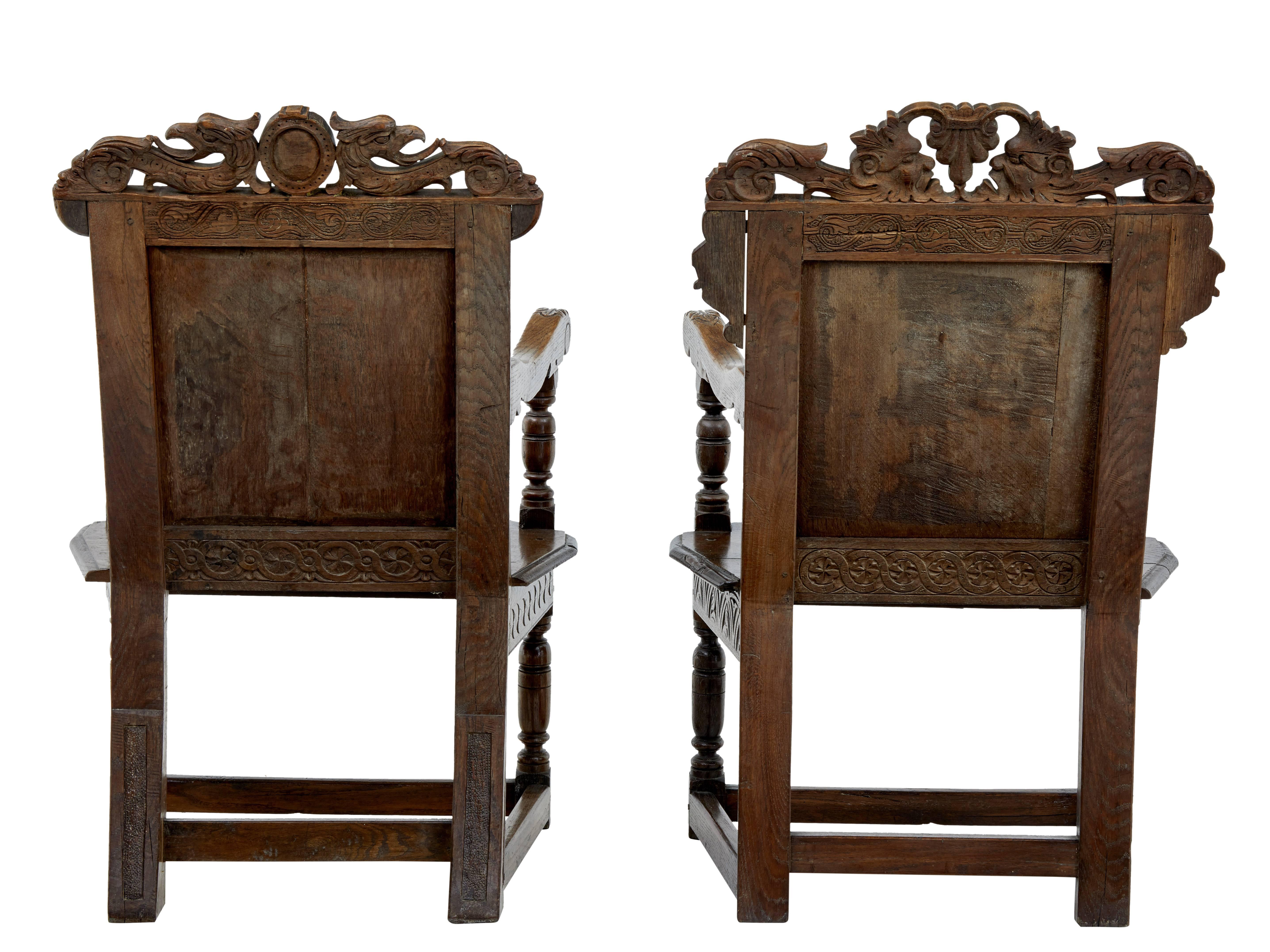 Gothic Near Pair of Stunning 19th Century Carved Oak Wainscot Chairs