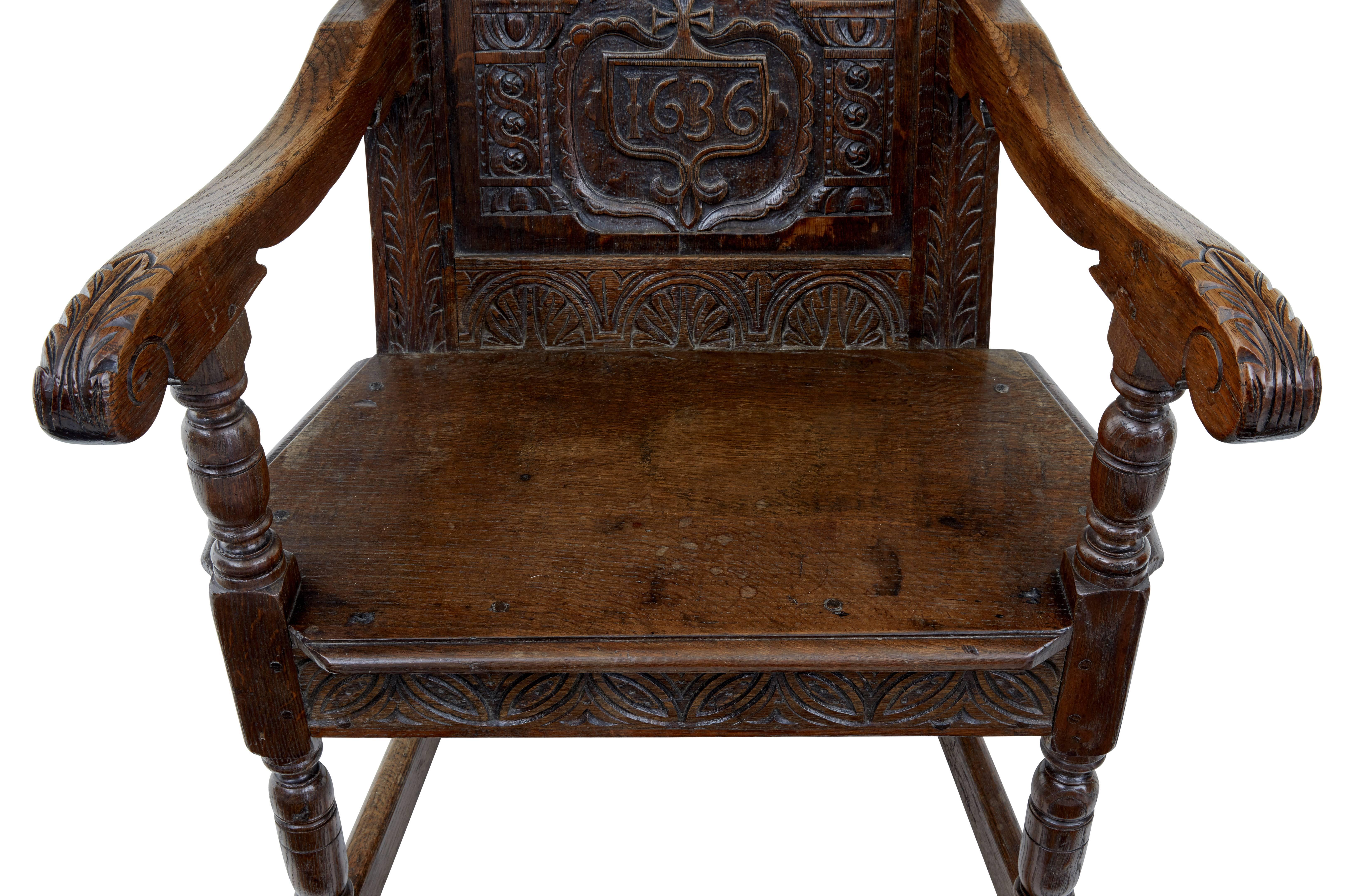 Near Pair of Stunning 19th Century Carved Oak Wainscot Chairs In Good Condition In Debenham, Suffolk