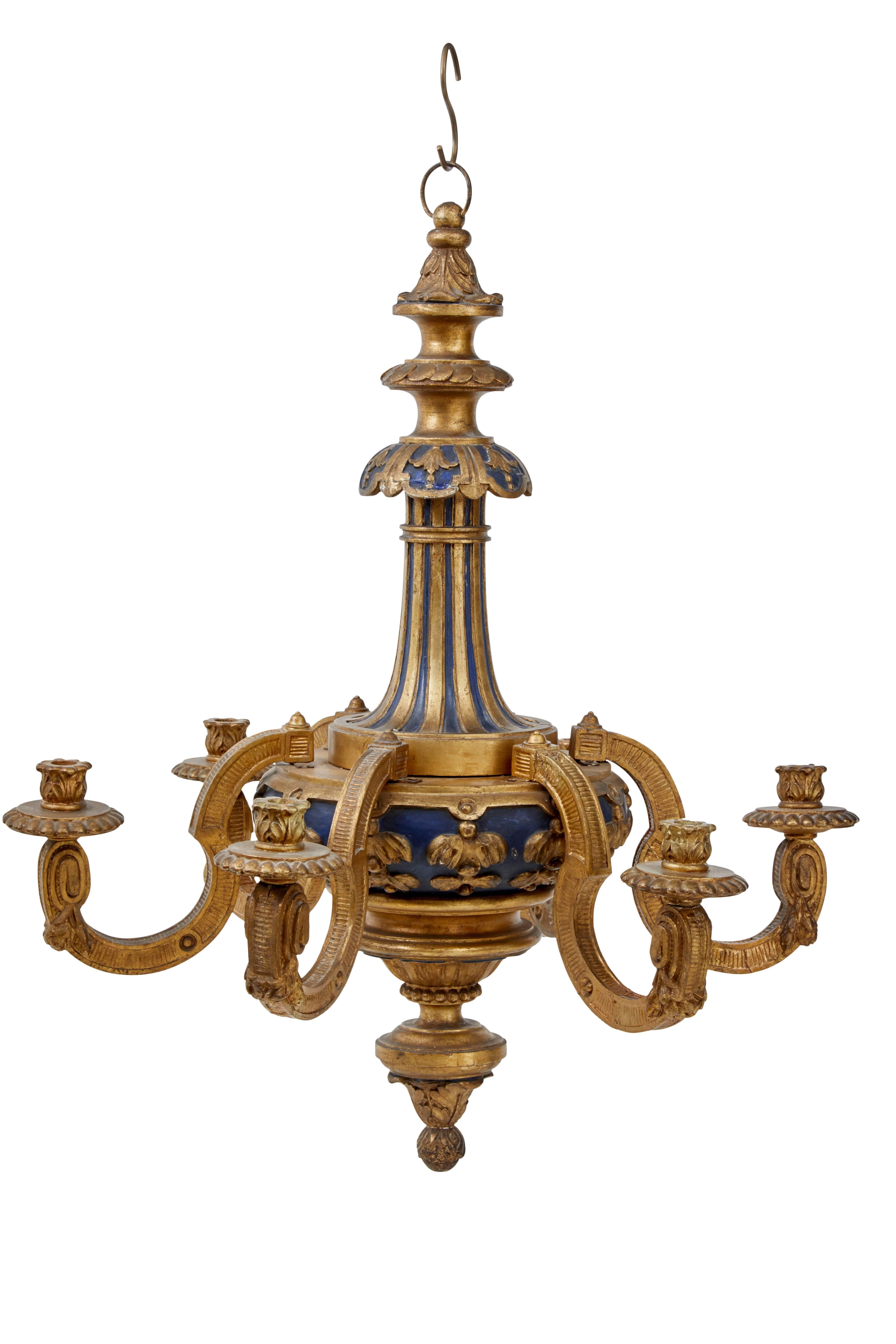 Louis XVI Pair of Rare Carved Wood and Gilt French Early 20th Century Chandeliers