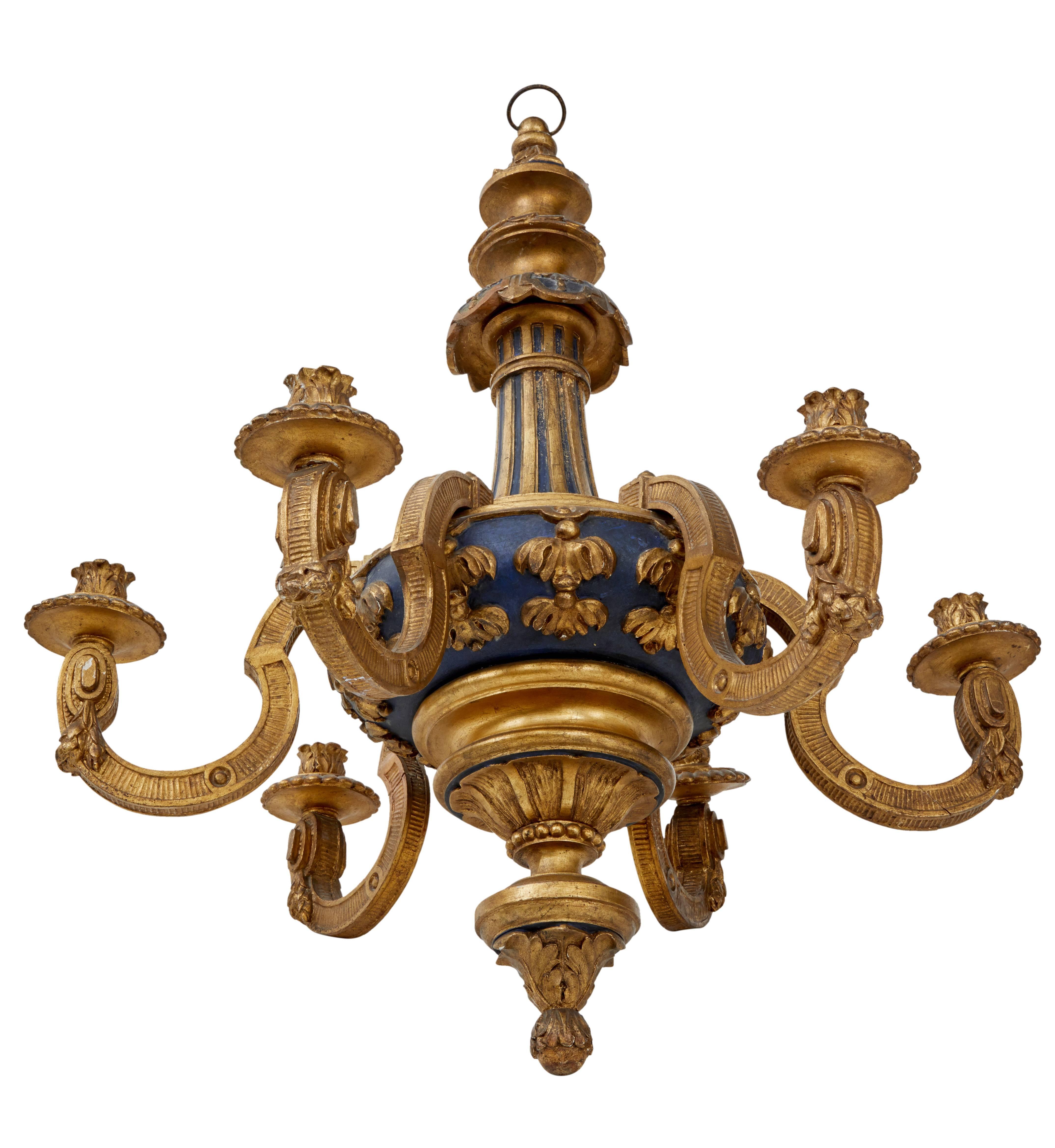Pair of Rare Carved Wood and Gilt French Early 20th Century Chandeliers 4