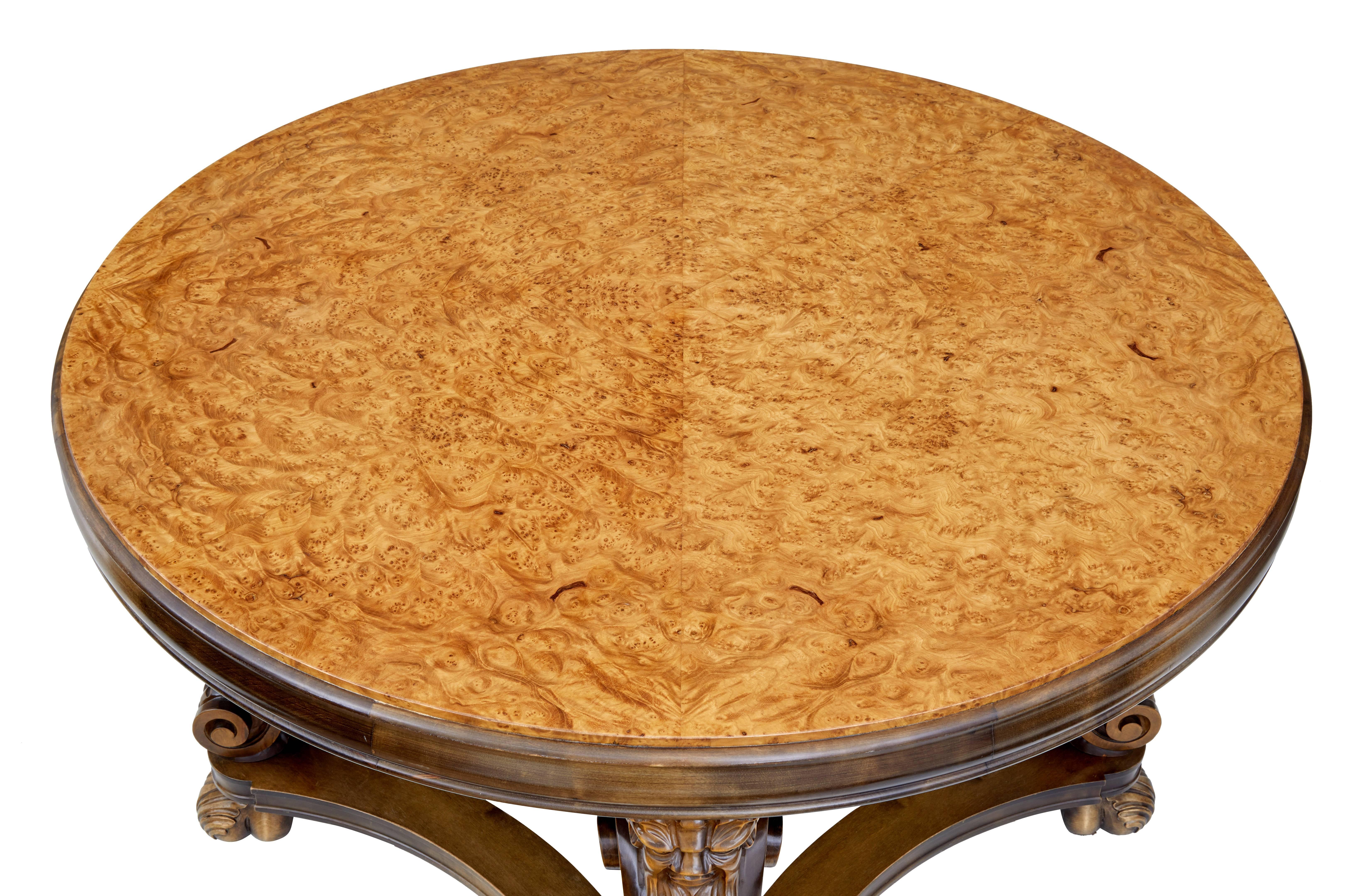 Fine quality art deco inspired coffee table, circa 1950.

Stunning Swedish burr birch circular top. Four carved grotesques form the legs, united by shaped stretcher.

Good color.