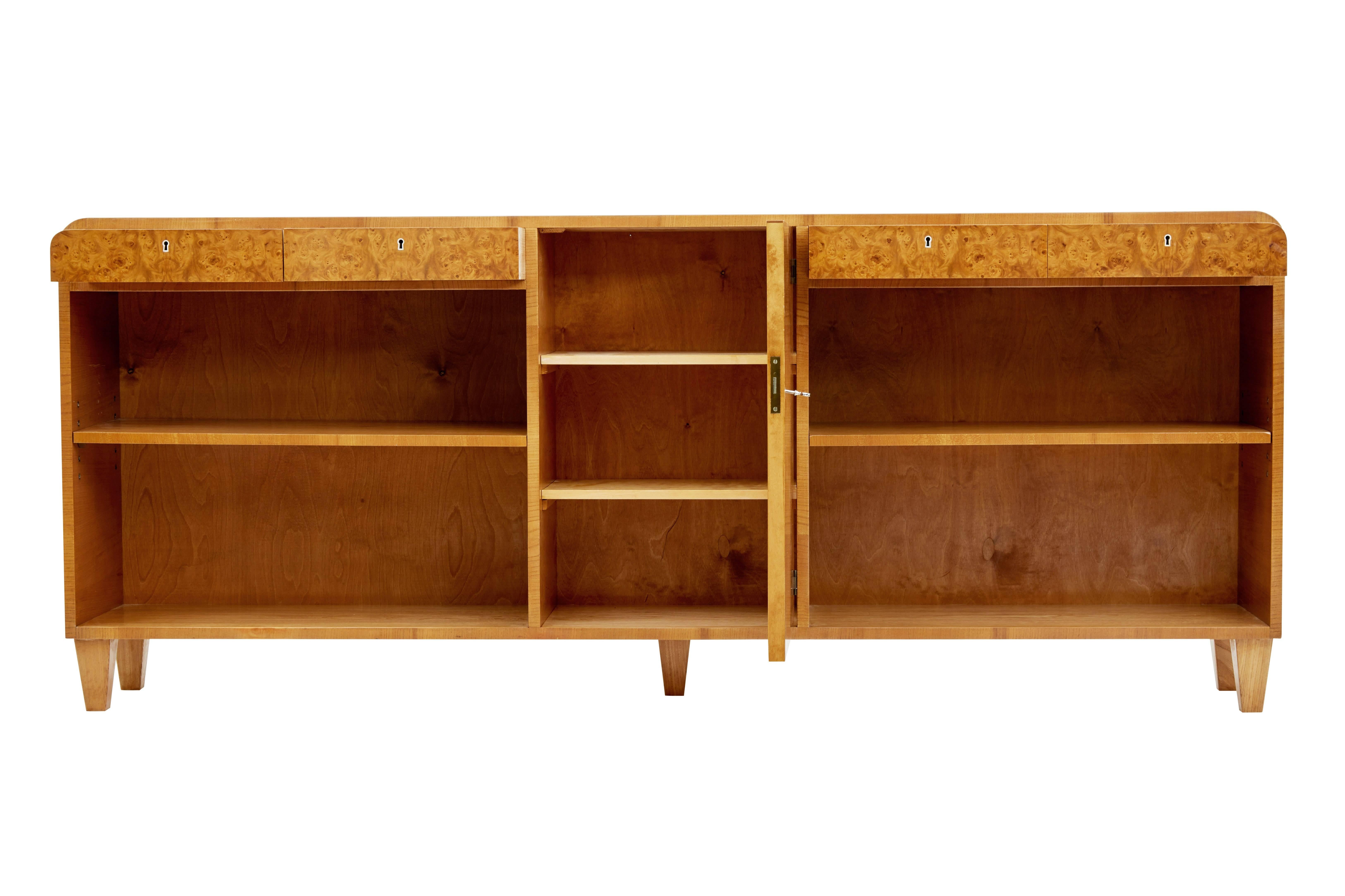 Scandinavian Modern 1950s Swedish Burr Elm Low Bookcase Cabinet