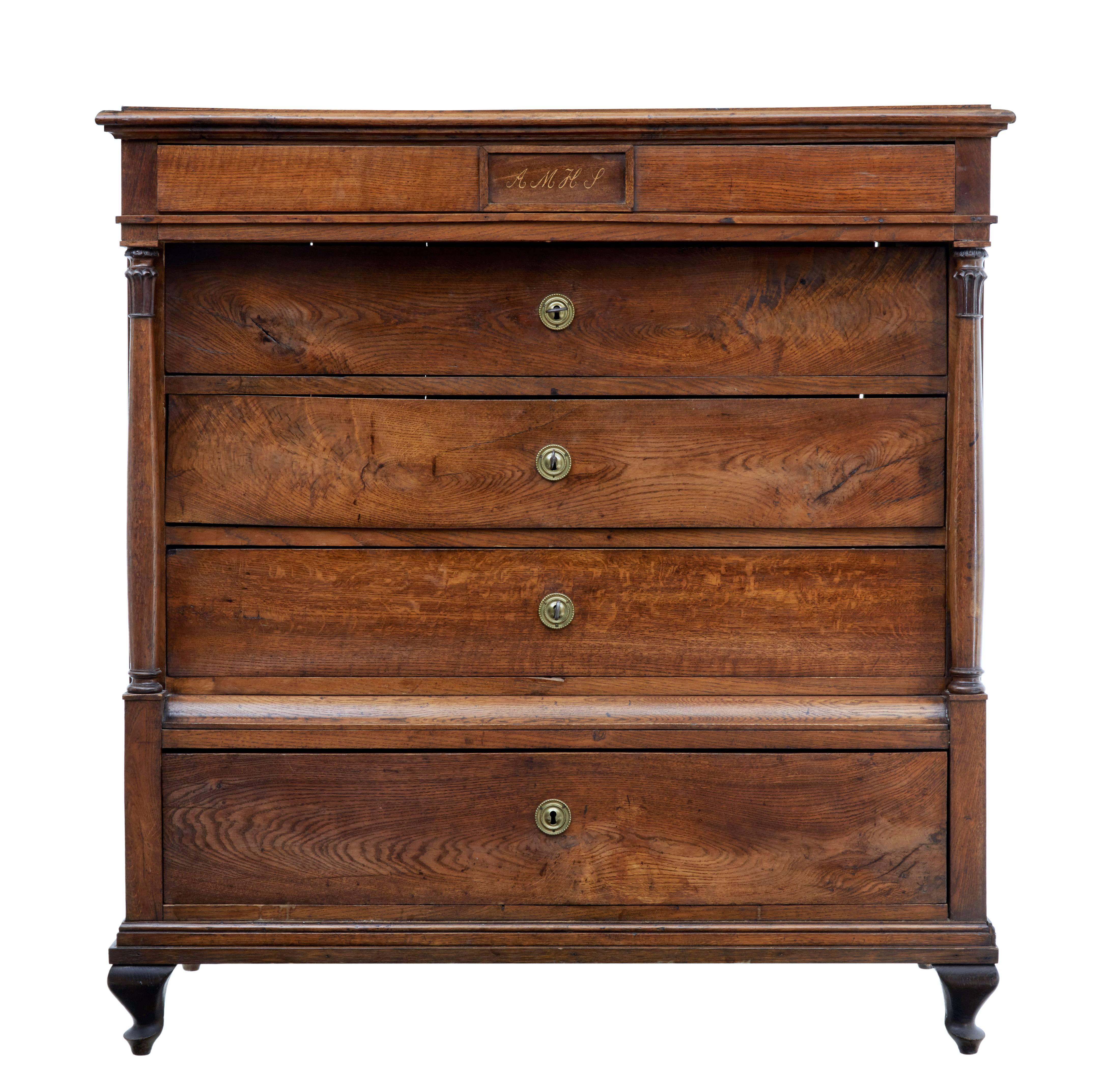 Fine Danish chest of grand proportions, circa 1840.

Five-drawer chest which opens on the key, typical of Scandinavian chests of this period to have no handles.

Inlaid initials to the top drawer which read a m h l.

Drawers flanked either