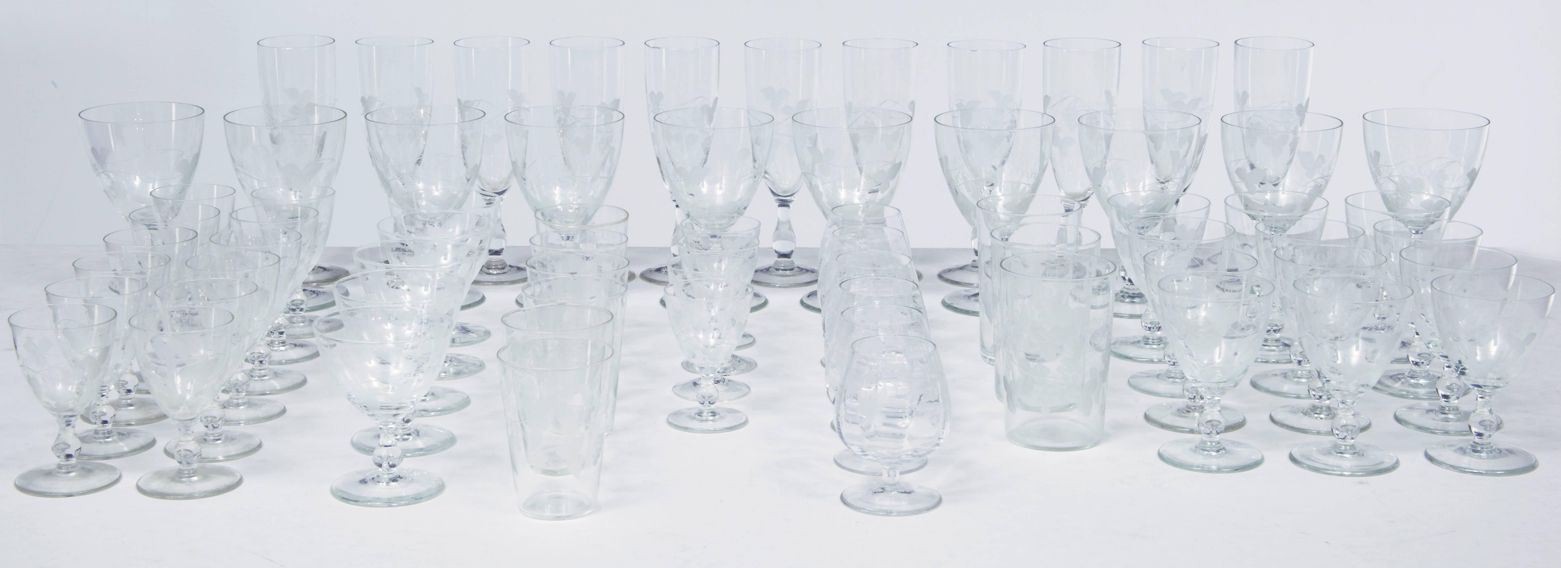 A fine collection of 1930s Riihimaki Savoy vine etched glasses
Fine set of 69 glasses from the well known Finnish makers Rihhimaki.

11 champayne flutes
10 large wine glasses
12 small wine glasses
12 port glasses
6 brandy glasses
6 small