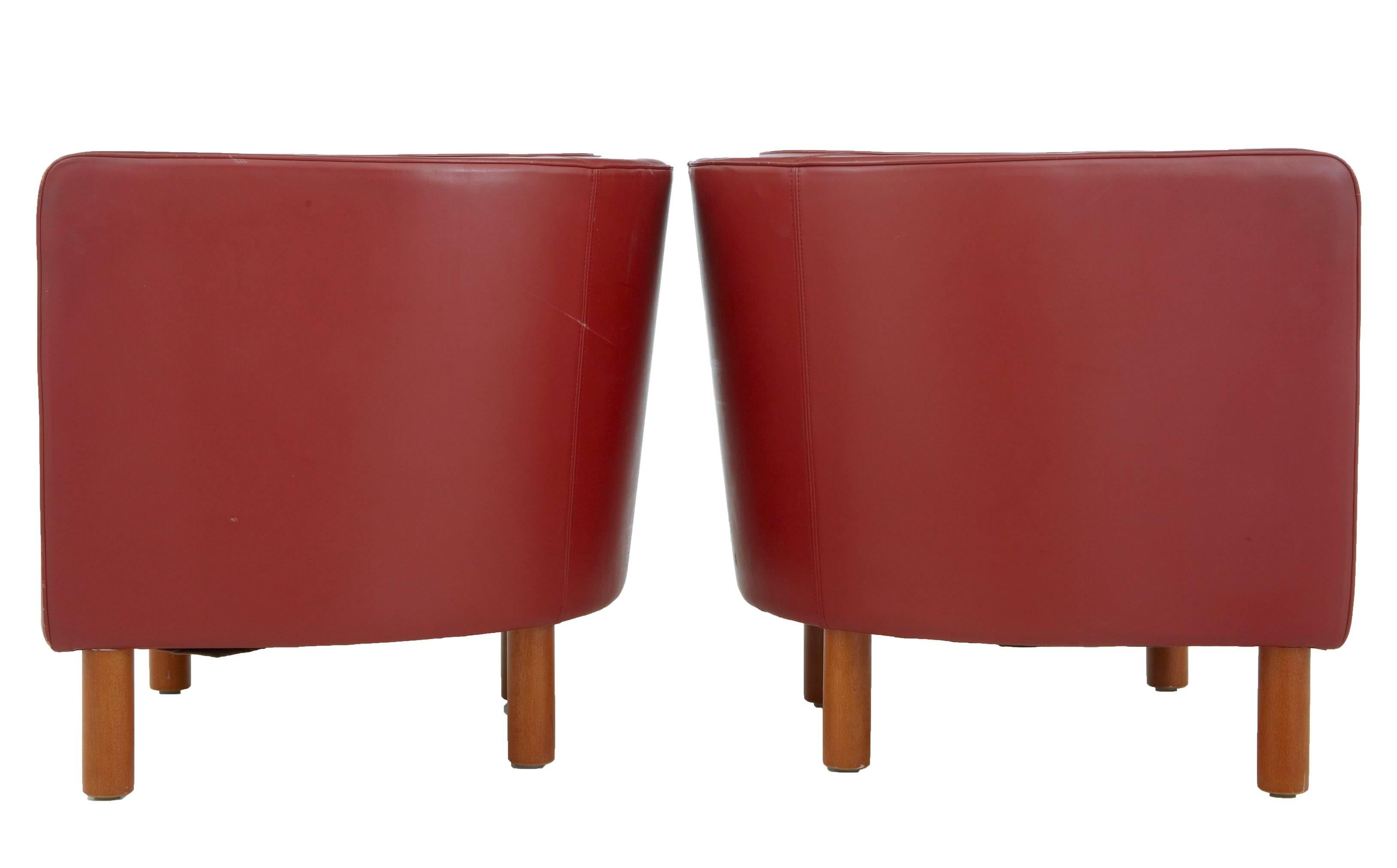 Scandinavian Modern Pair of Large, 1970s Red Leather Club Armchairs