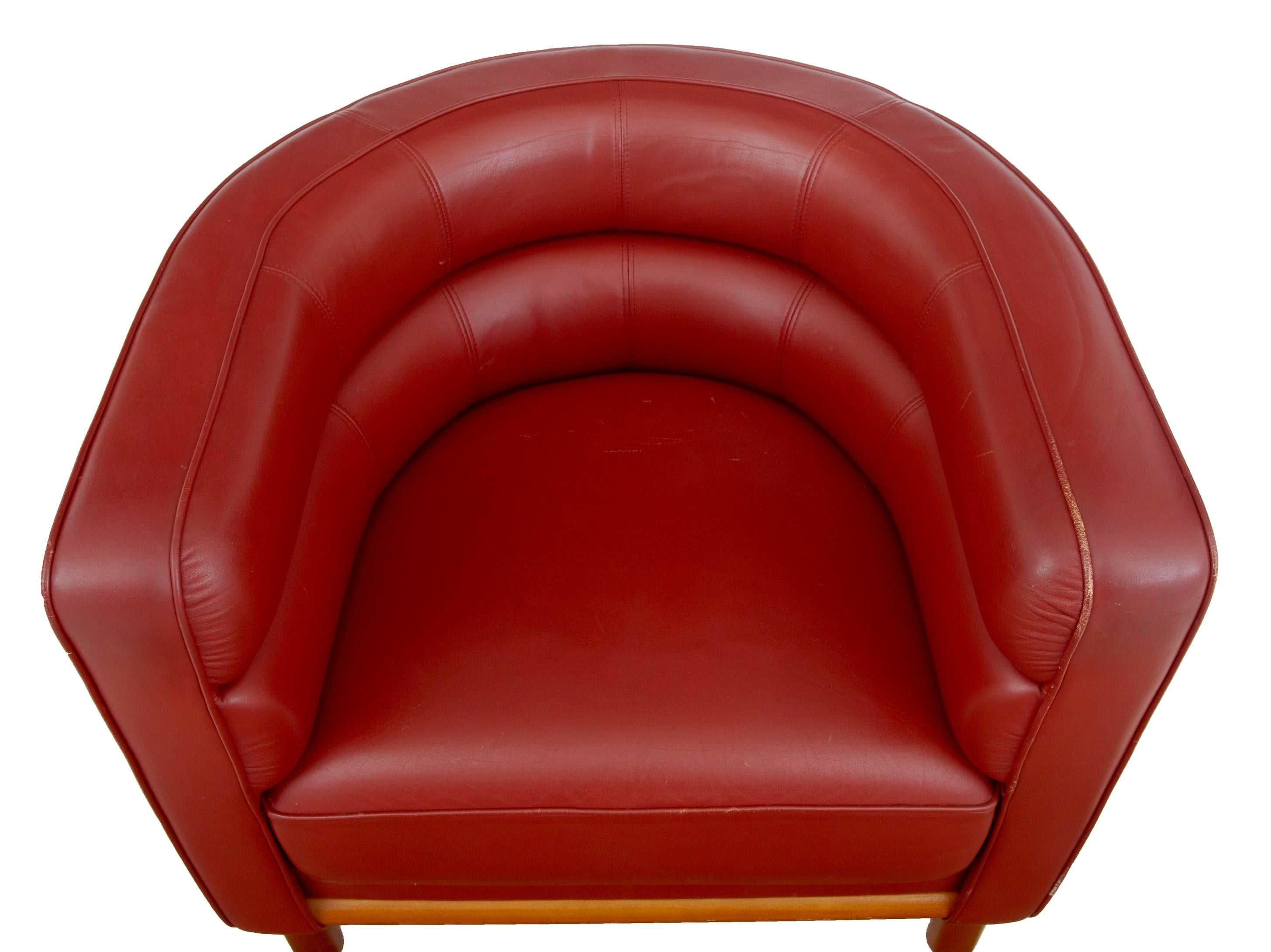 Swedish Pair of Large, 1970s Red Leather Club Armchairs