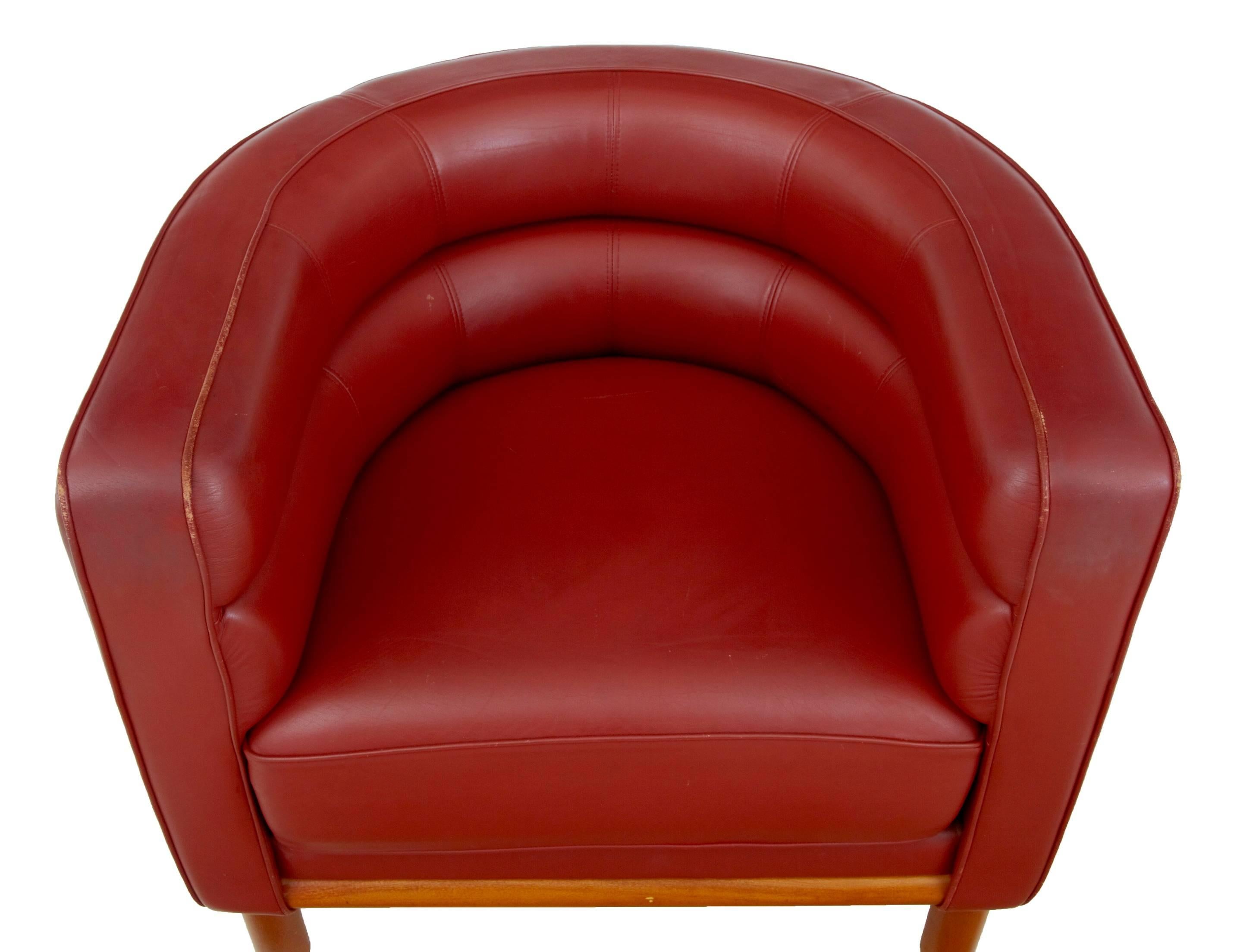Hand-Crafted Pair of Large, 1970s Red Leather Club Armchairs