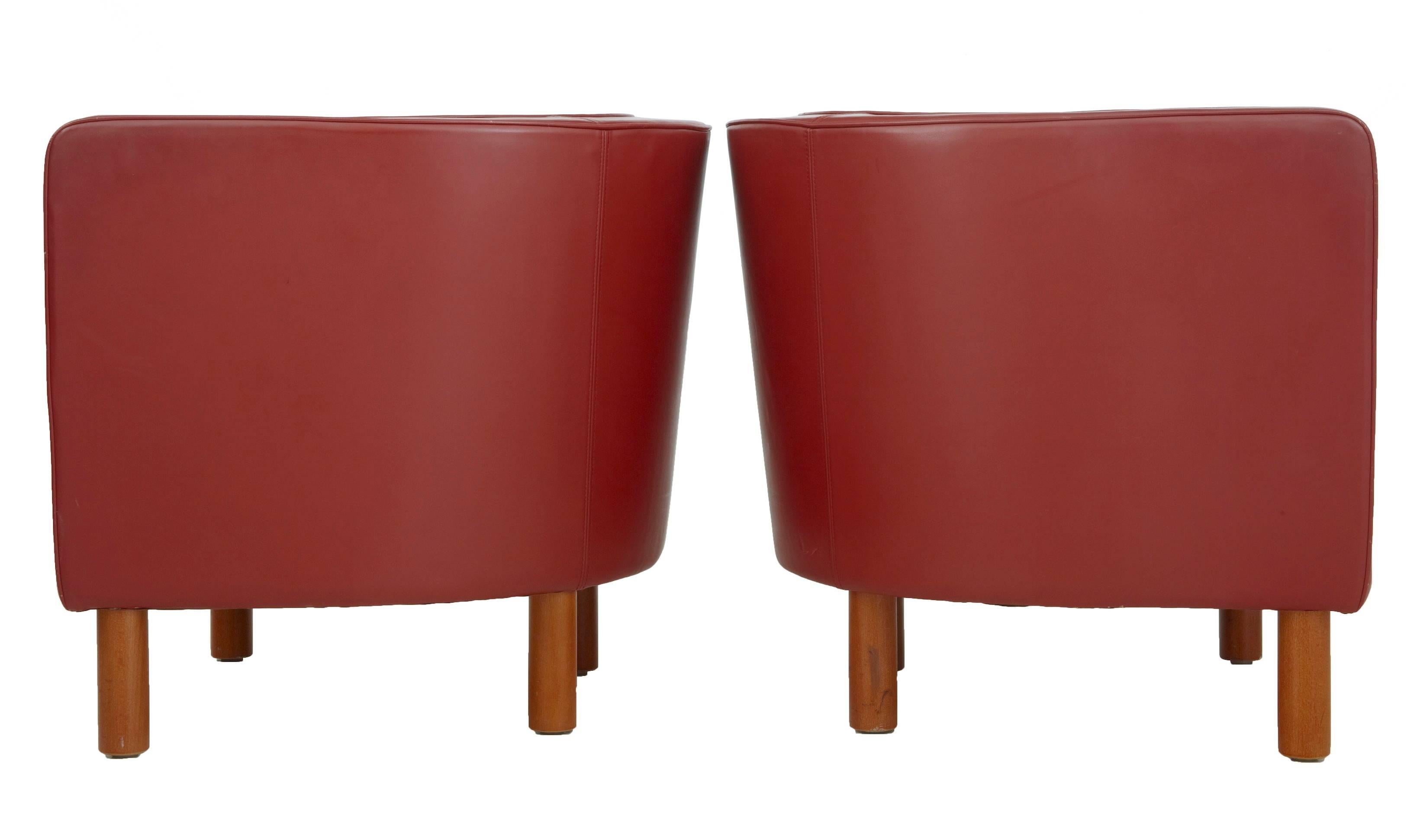 Scandinavian Modern Pair of 1970s Large Red Leather Club Armchairs