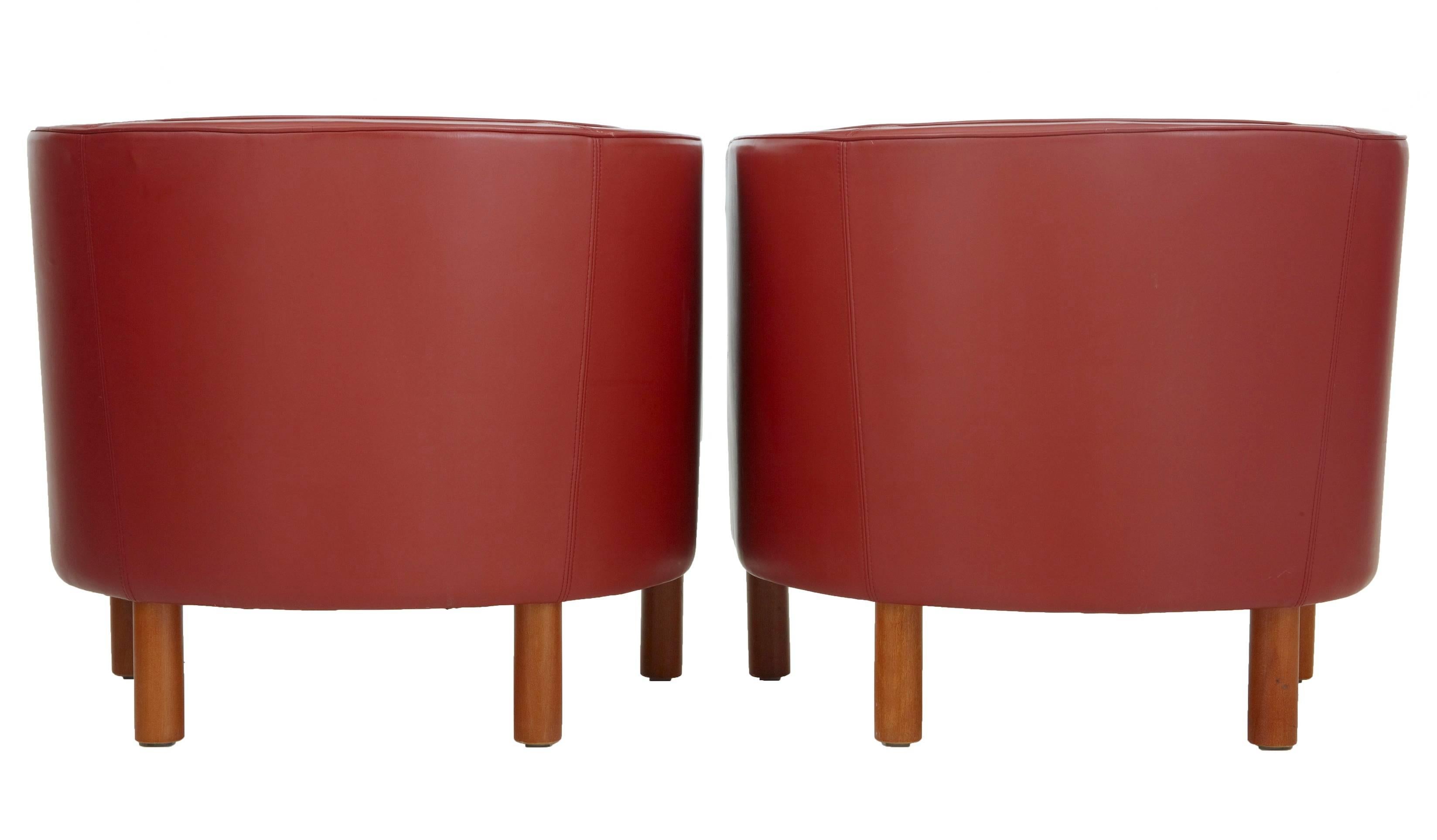 Swedish Pair of 1970s Large Red Leather Club Armchairs