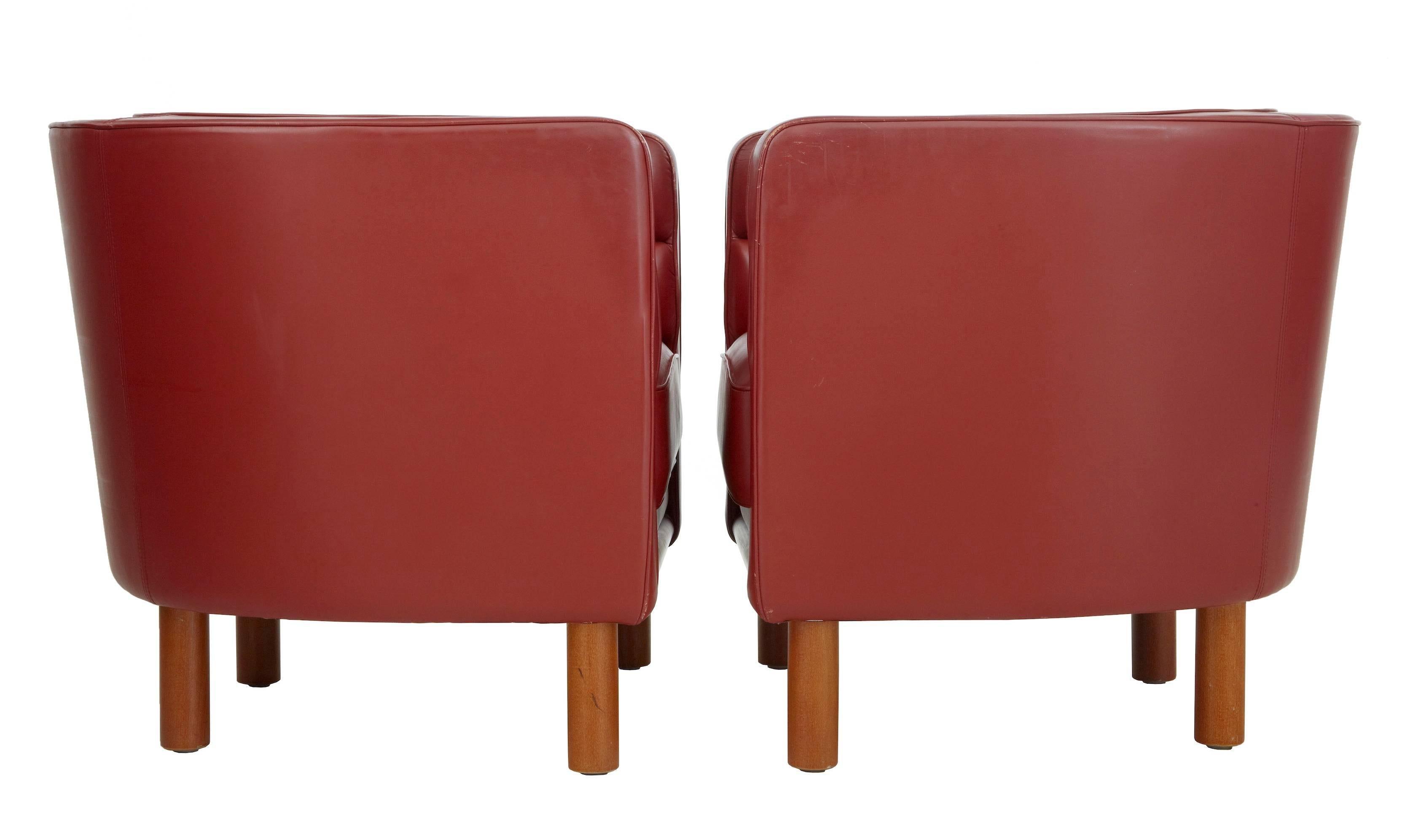 Hand-Crafted Pair of 1970s Large Red Leather Club Armchairs