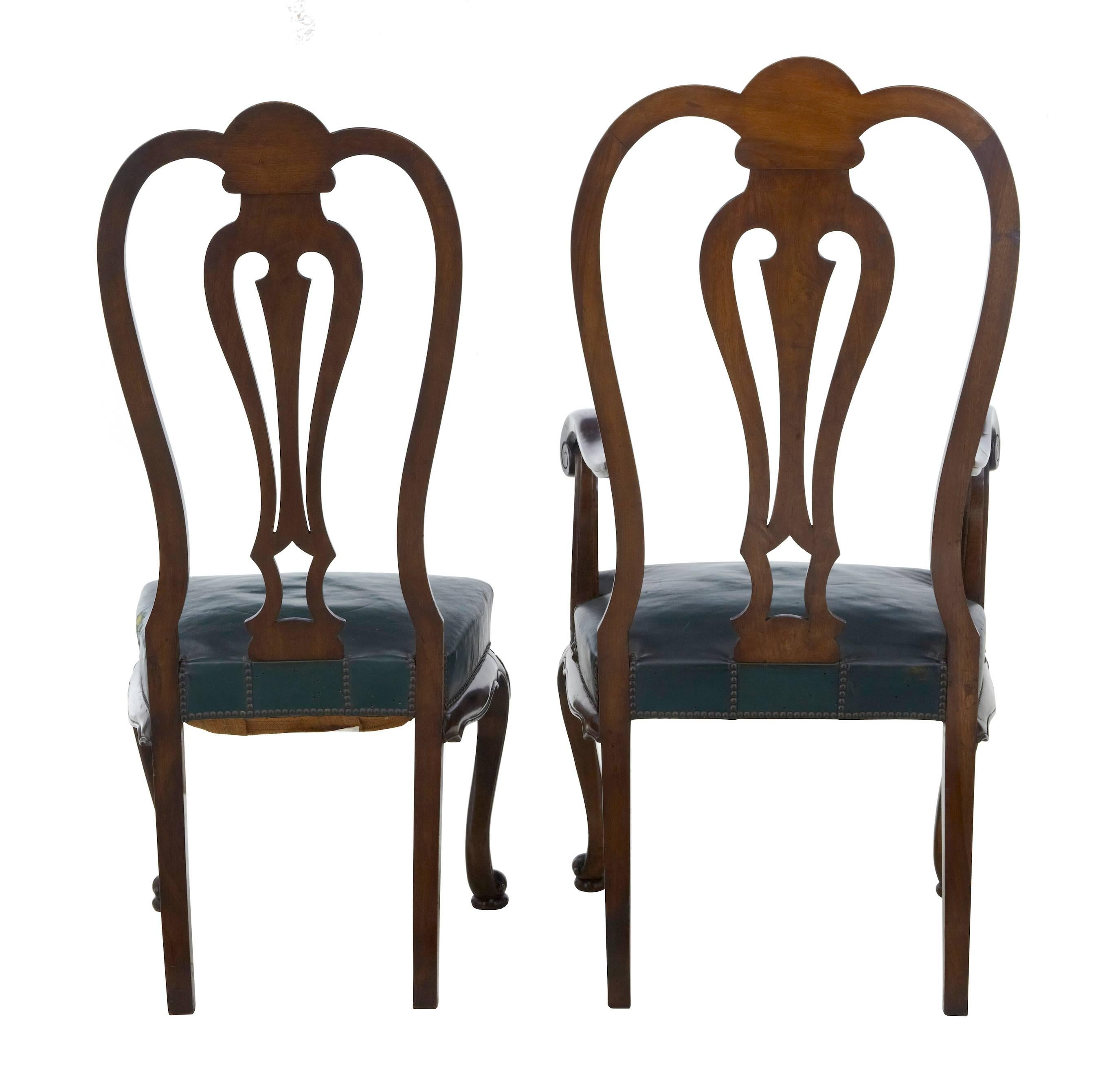Carved Set of 6+2 Early 20th Century Queen Anne Mahogany Dining Chairs
