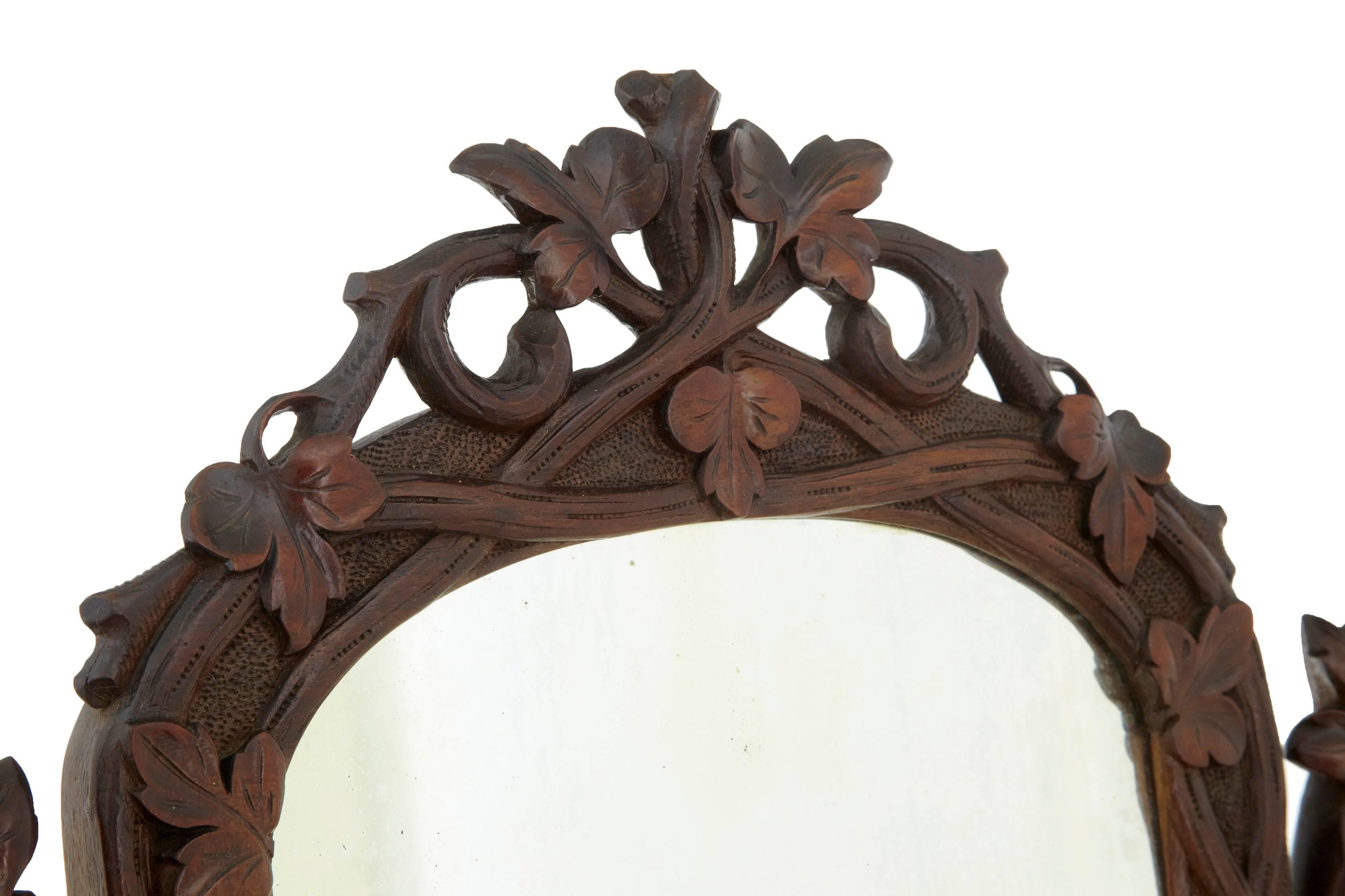 19th Century Carved Lindenwood Black Forest Vanity Mirror 1