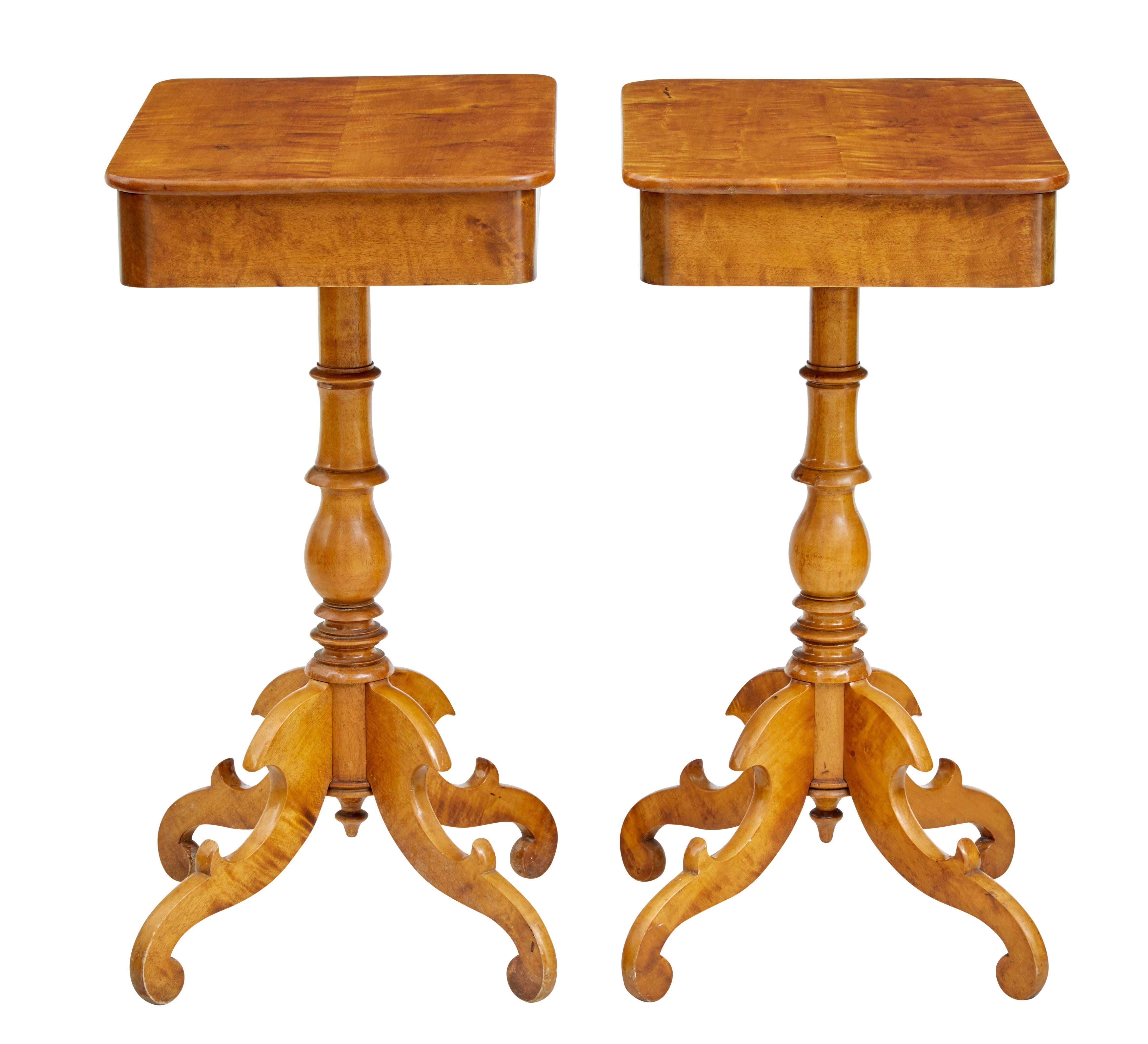Elegant pair of Swedish birch occasional tables, circa 1890.

Rich golden color, rounded rectangular top with single drawer.

Turned column stem, standing on four scrolling legs.