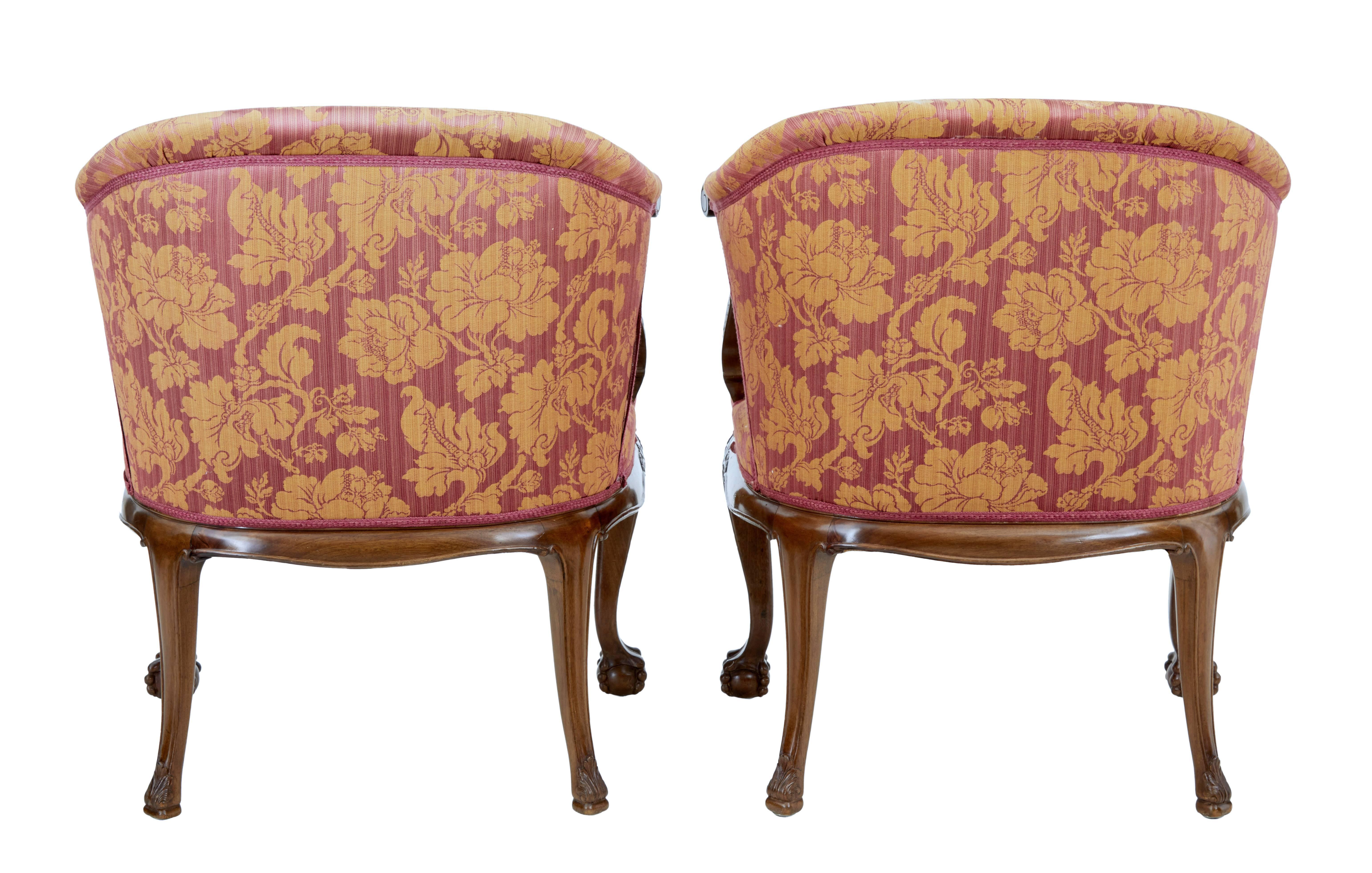 Georgian Pair of Early 20th Century Carved Walnut Club Chairs