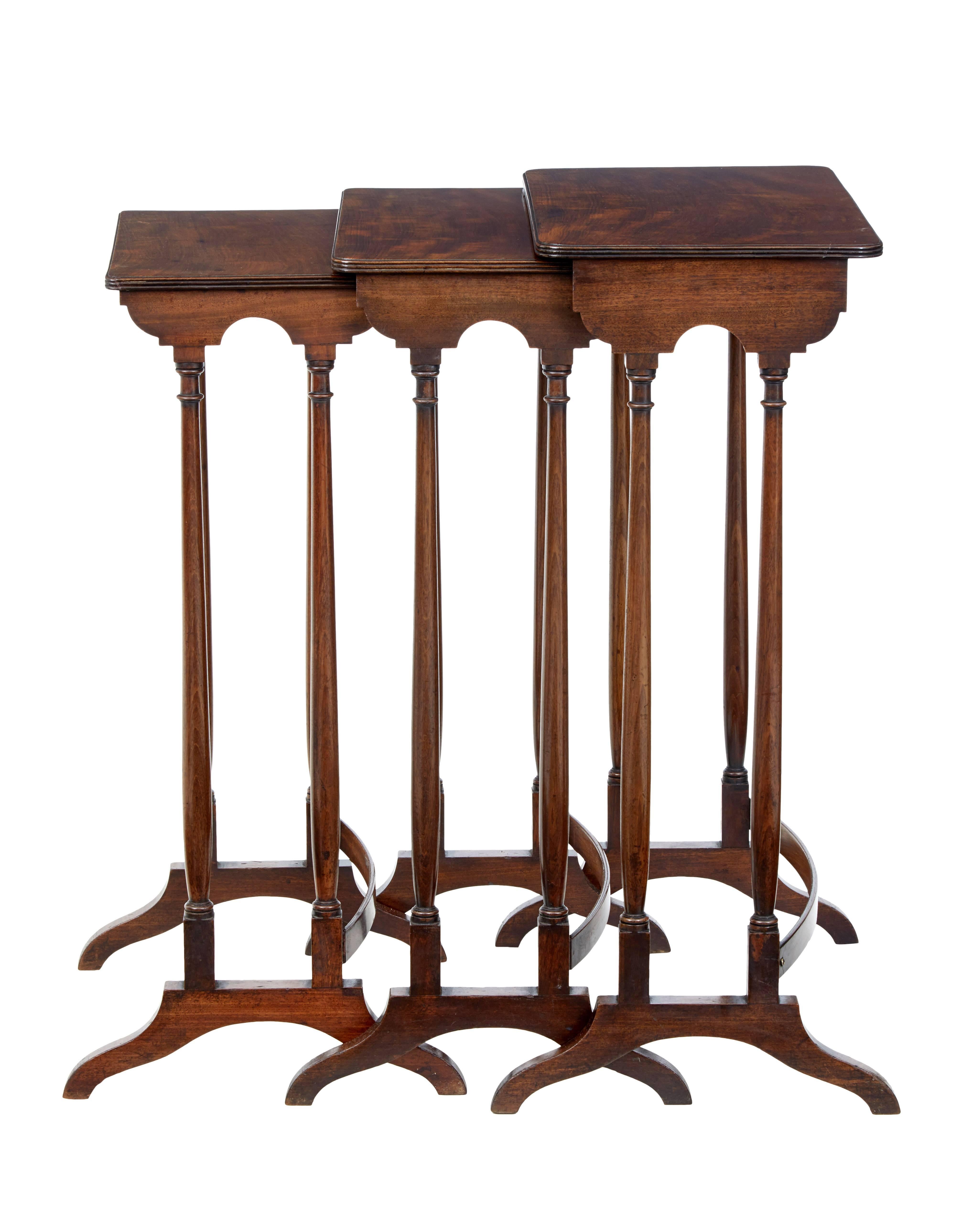 Fine set of English nesting tables, circa 1860.

Beautiful mahogany tops with good color and patina. Each standing on turned legs and shaped back stretcher.

Elegant set ready to use in the home.

Heights range from 28 1/4