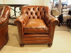 James Tufted Back Chair in Dark Tan Aged Leather with Brass Nailheads