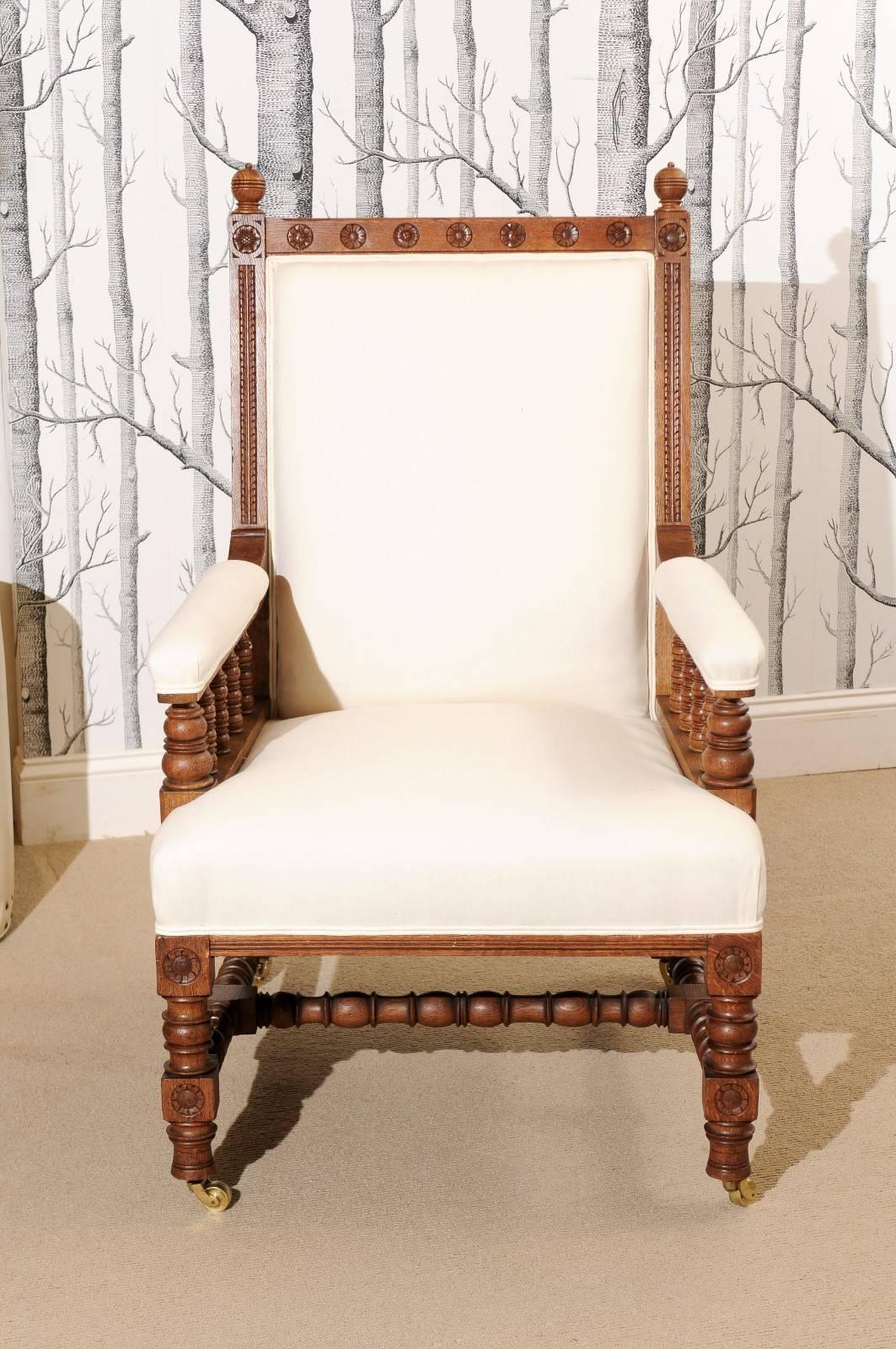 English Oak Armchair Carved Legs, Arms and Frame on Wheels For Sale 1