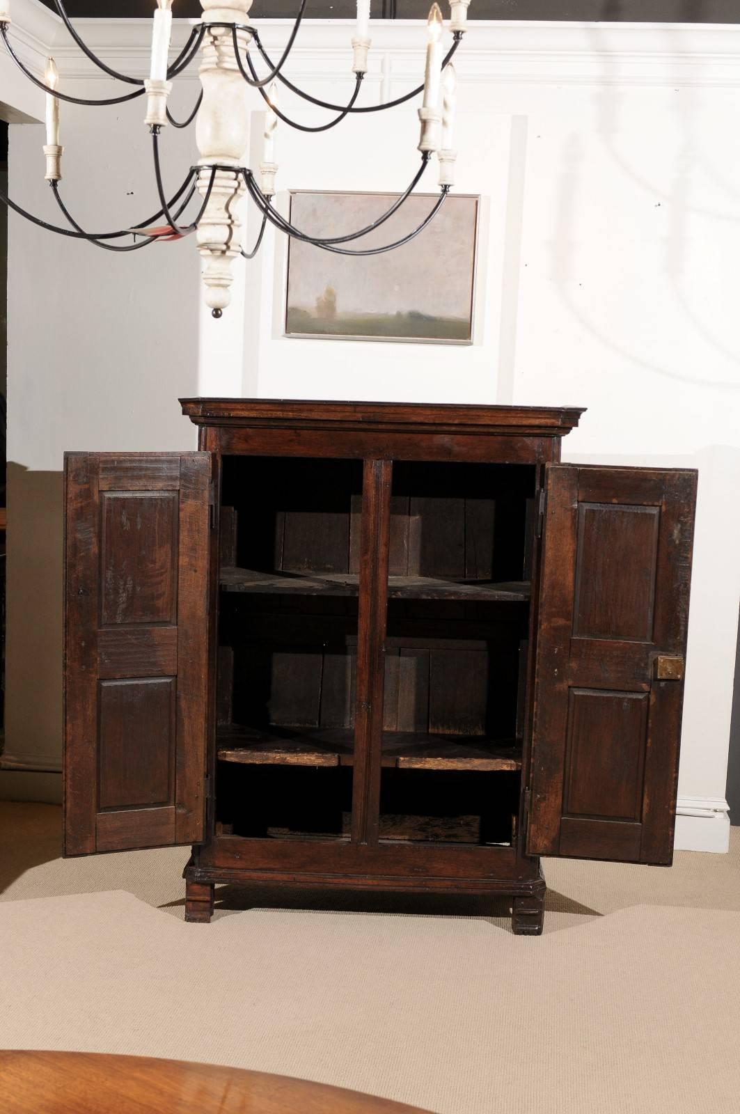 French Armoire in Oak, circa 1800 with Carved Doors and Two Interior Shelves For Sale 1